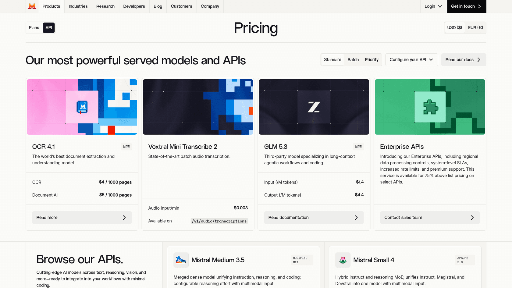 Mistral API pricing page, as taken from Mistral's pricing page