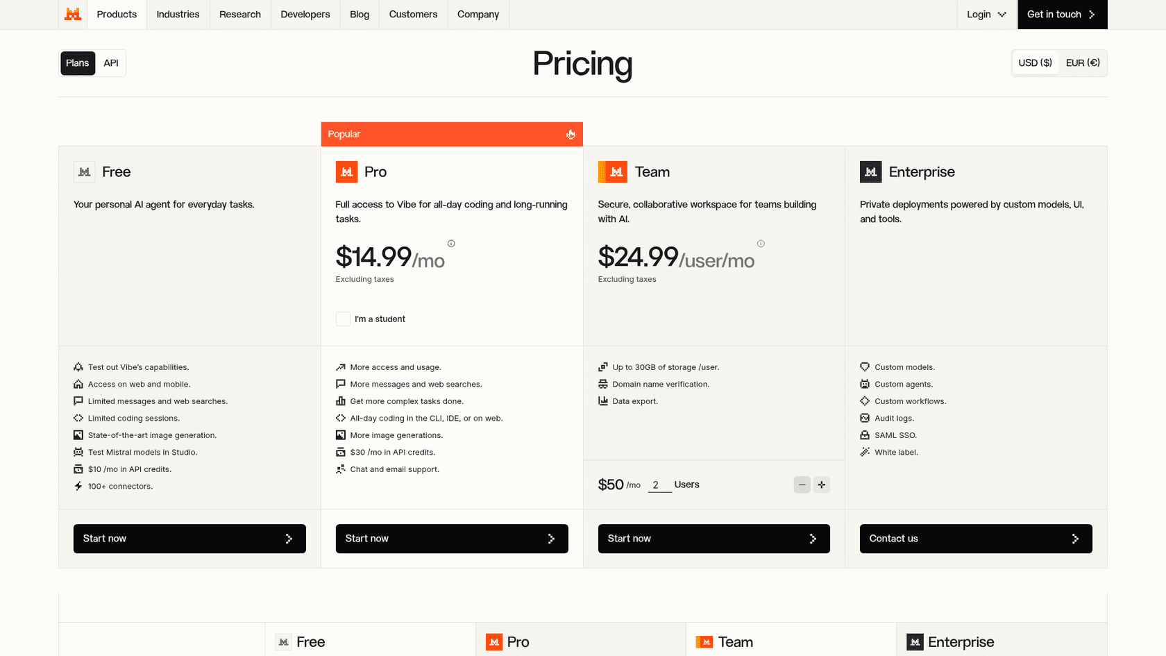 Mistral pricing page showing the Free, Pro, Team and Enterprise plans, as taken from Mistral