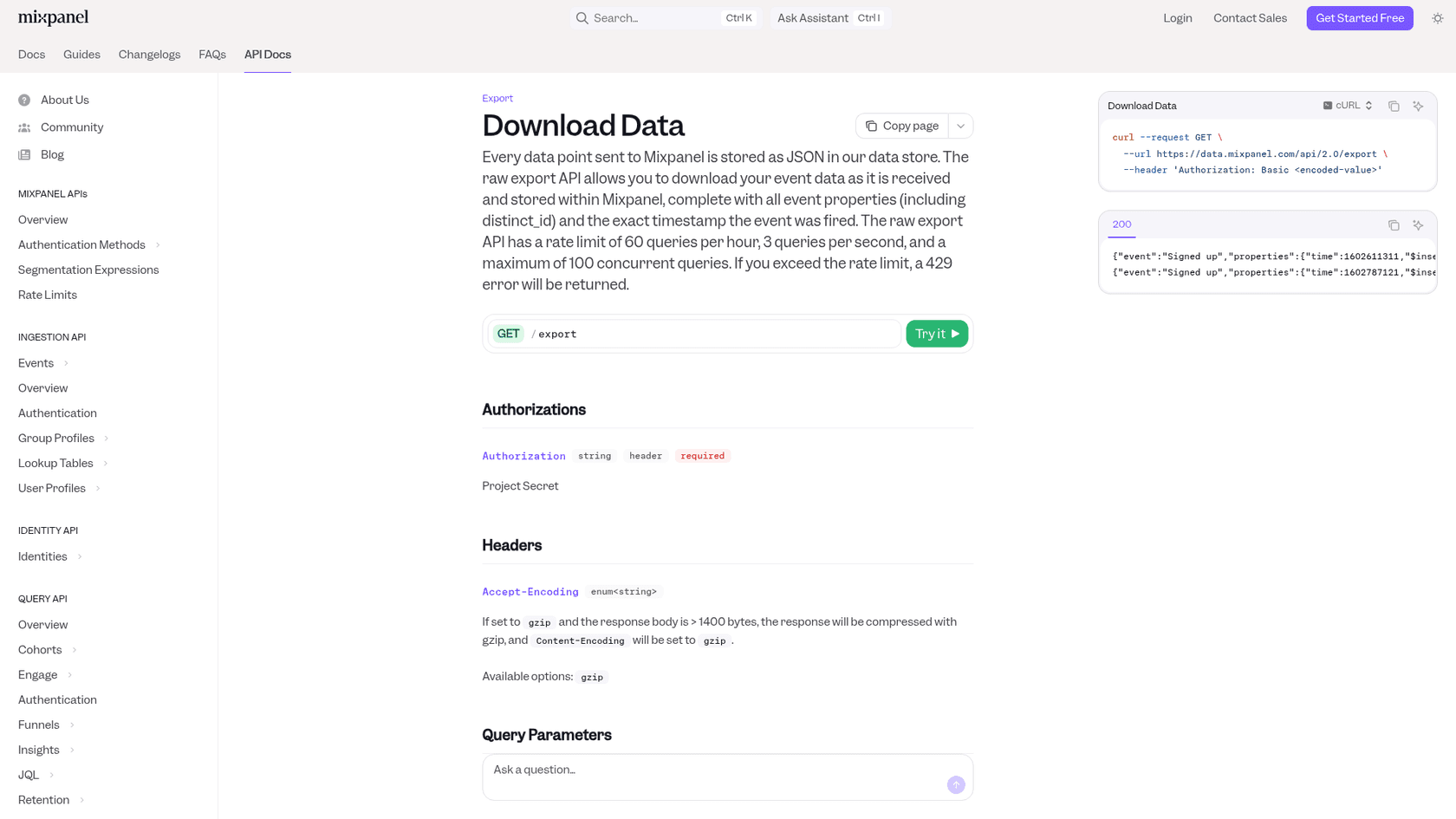 Mixpanel raw event export API reference page, as taken from Mixpanel docs