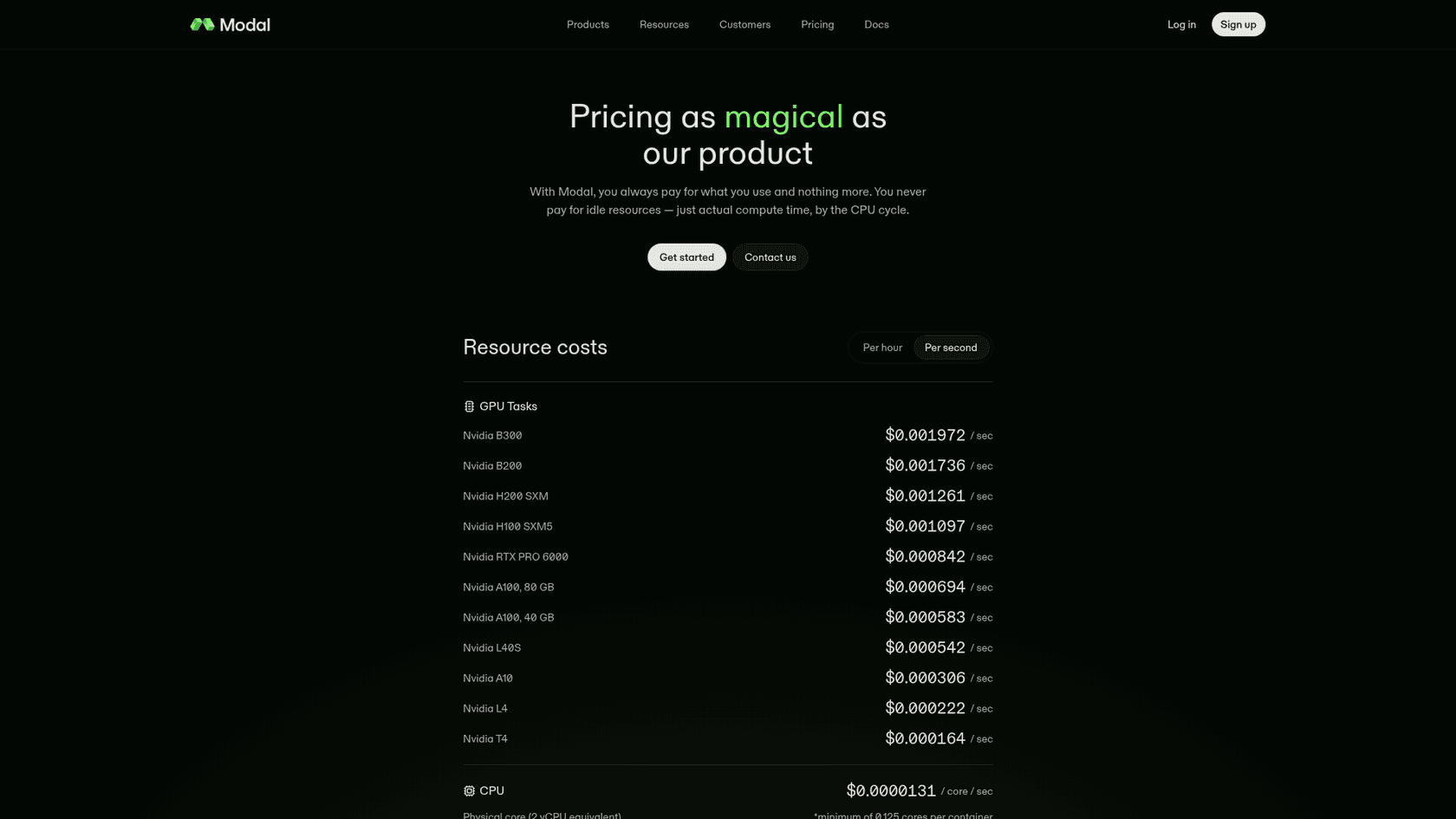 Modal resource costs page with per-second GPU rates, as taken from Modal
