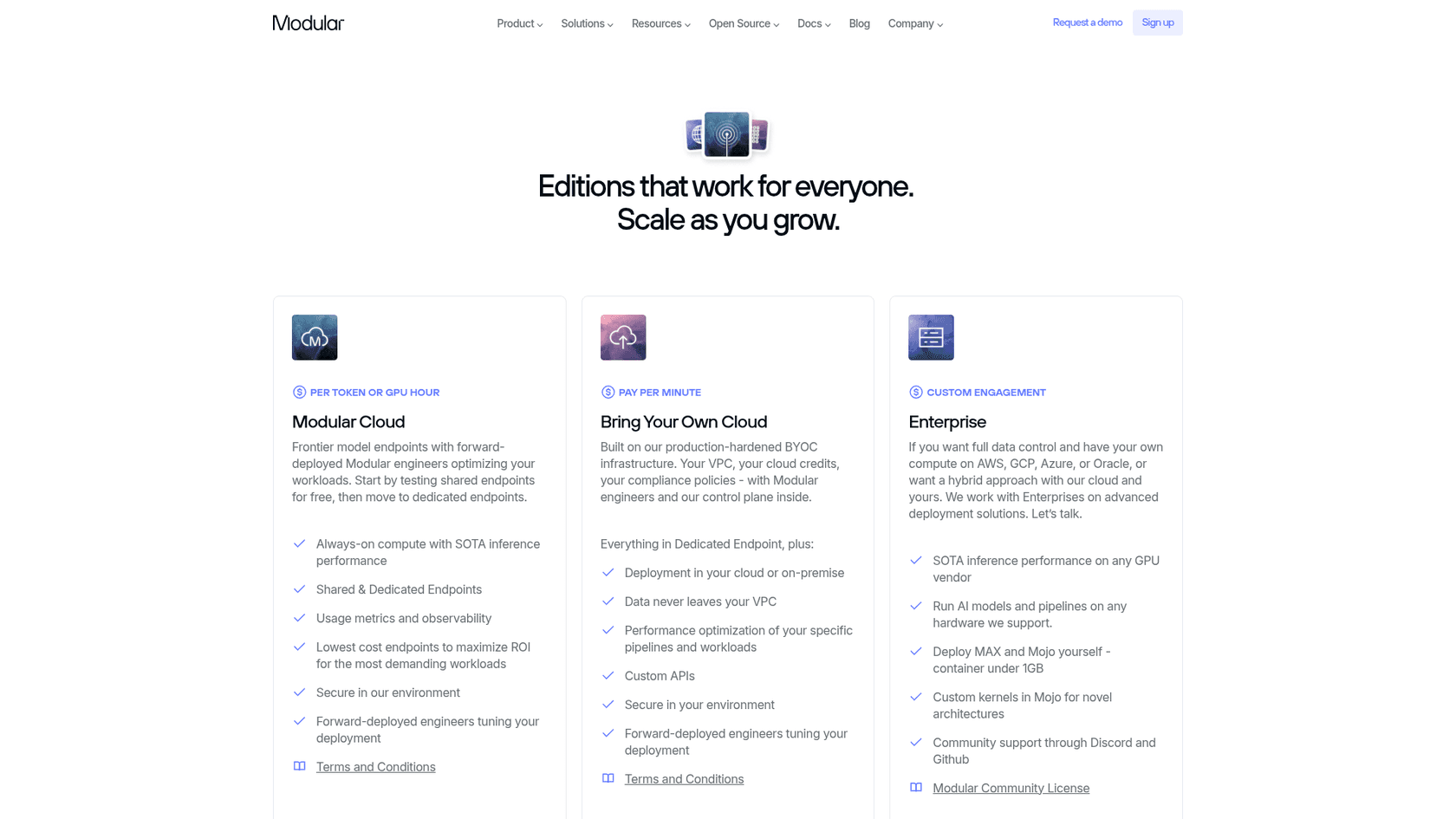 Modular's pricing page showing the Modular Cloud, Bring Your Own Cloud and Enterprise editions, as taken from Modular