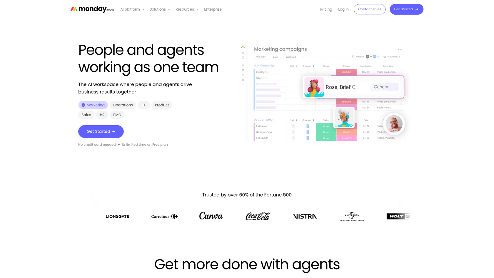 monday.com's AI page showing people and agents working in one marketing campaigns board, as taken from monday.com