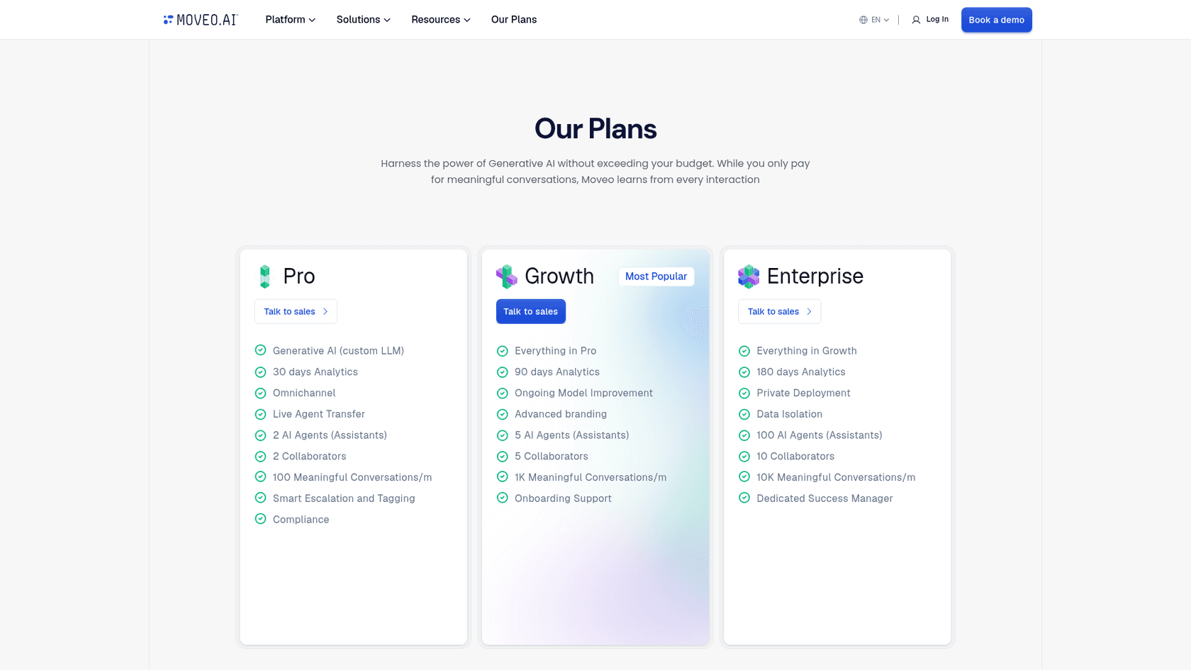 Moveo AI plans page with Talk to sales buttons on every tier, as taken from Moveo AI
