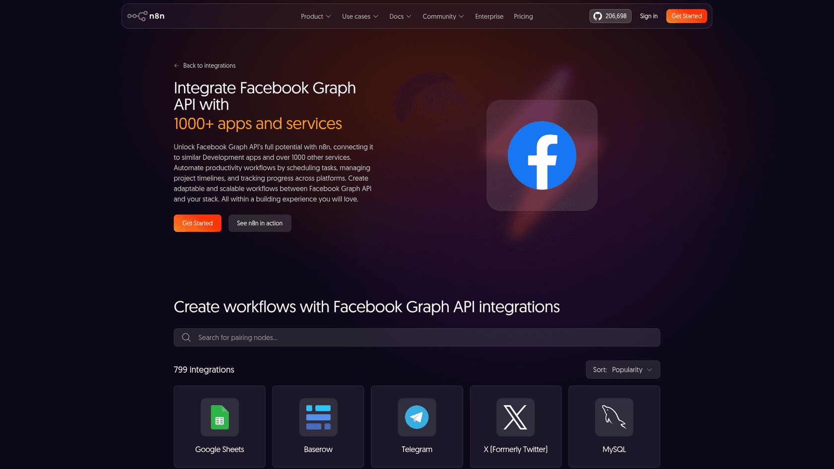 The Facebook Graph API integration page on n8n, as taken from the n8n integrations directory