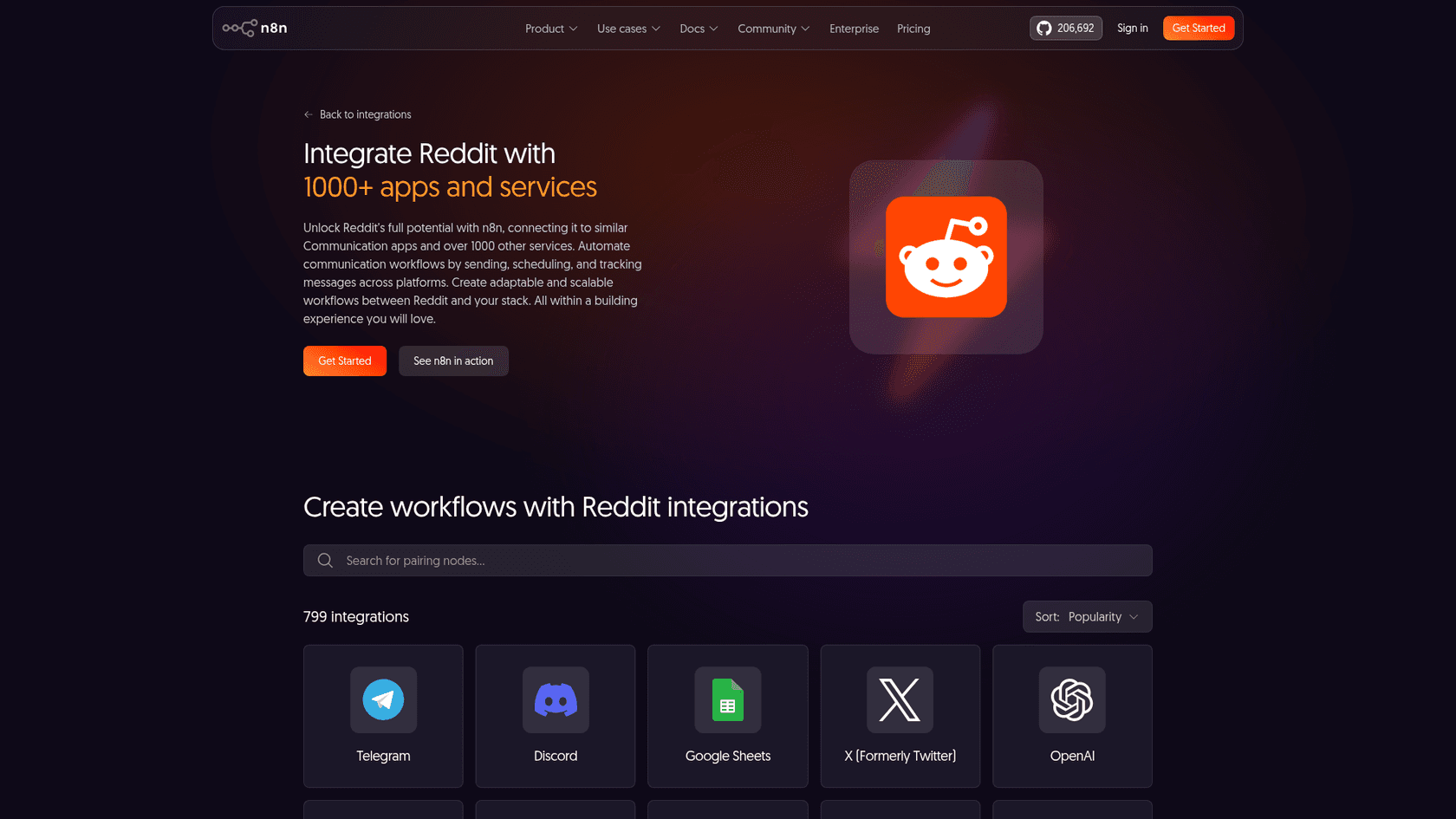 n8n's Reddit integration page, as taken from n8n