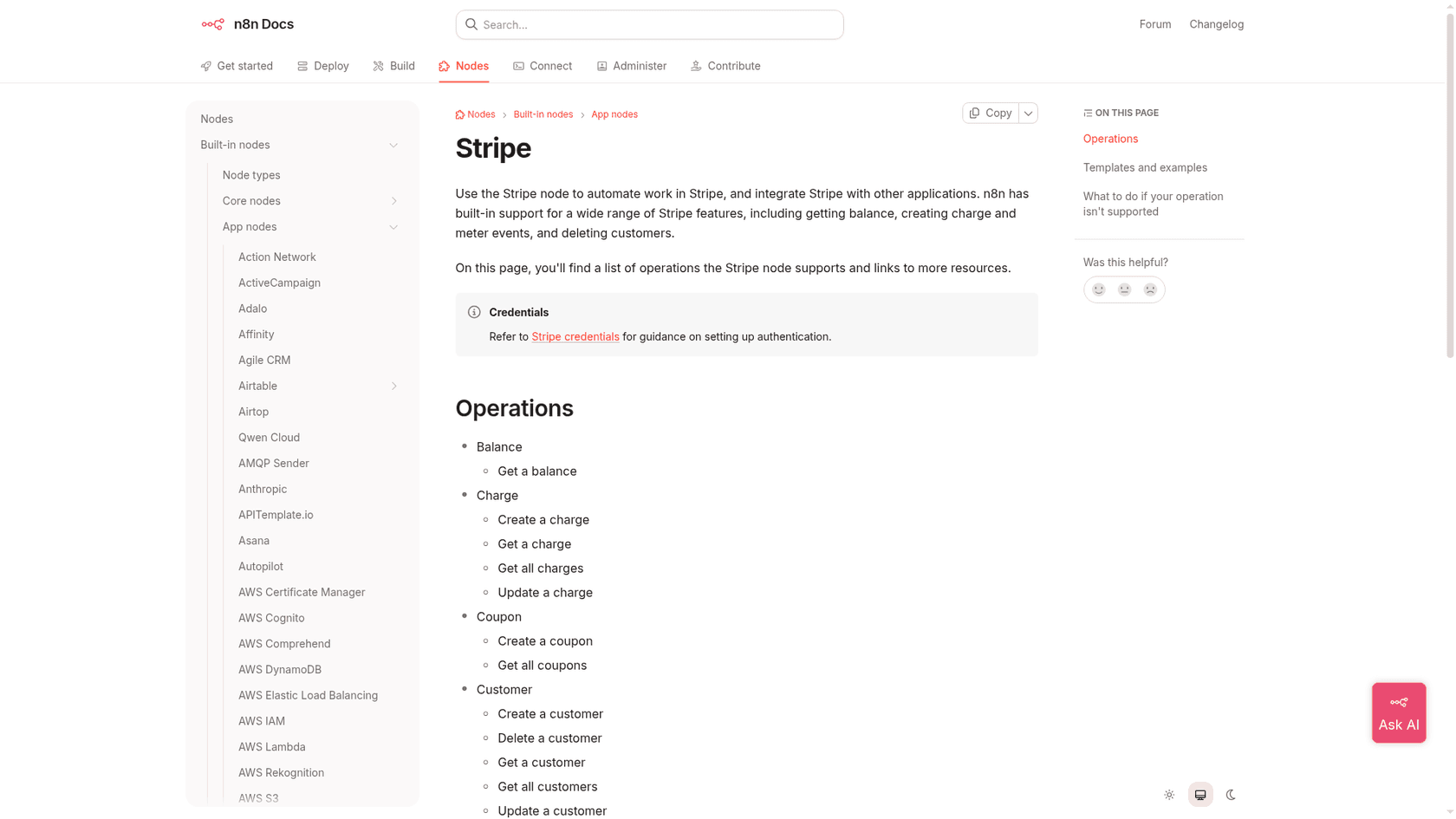 The Stripe node page in n8n's docs listing its operations, as taken from n8n Docs
