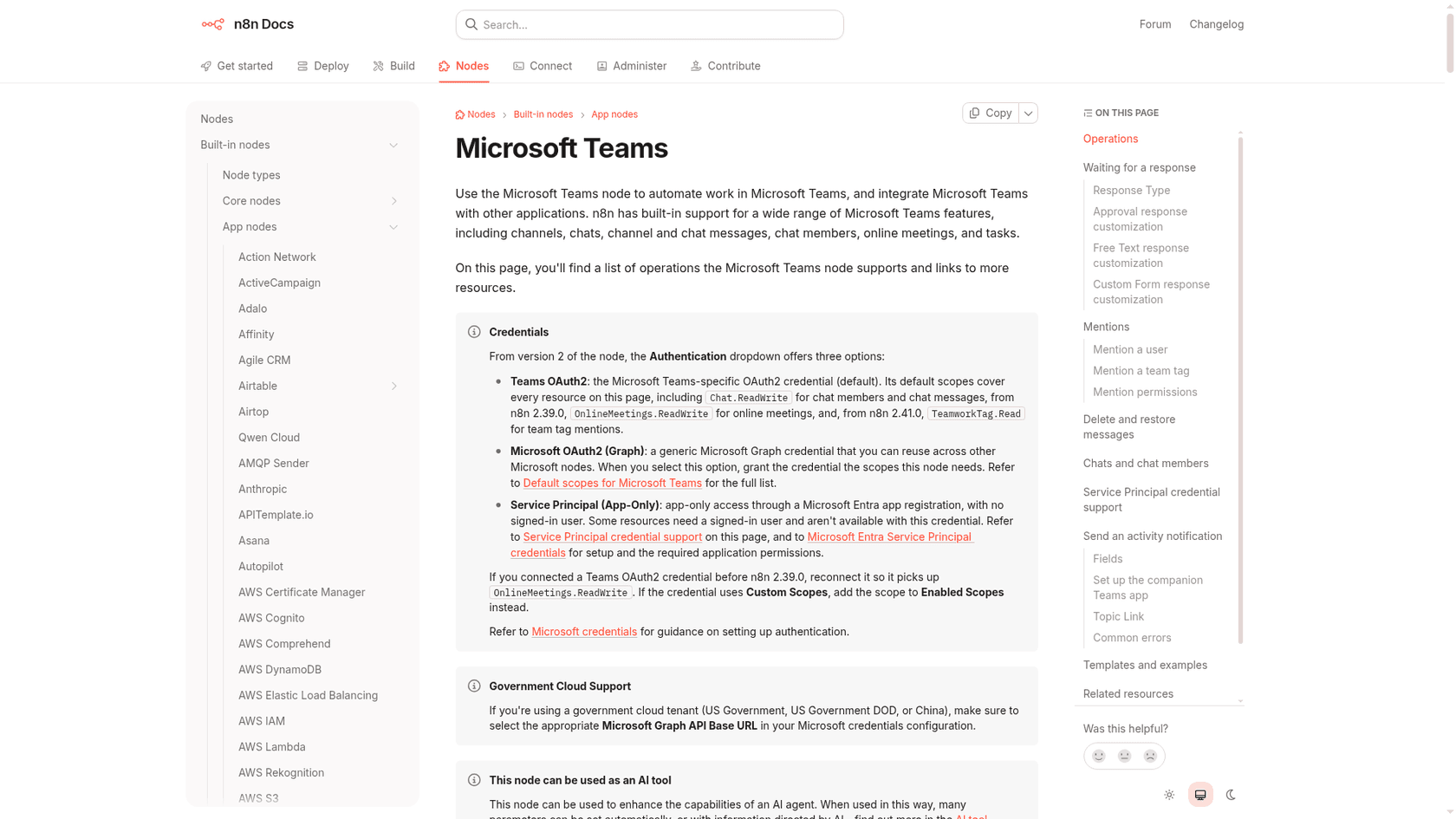 n8n's documentation page for the Microsoft Teams node, as taken from n8n docs