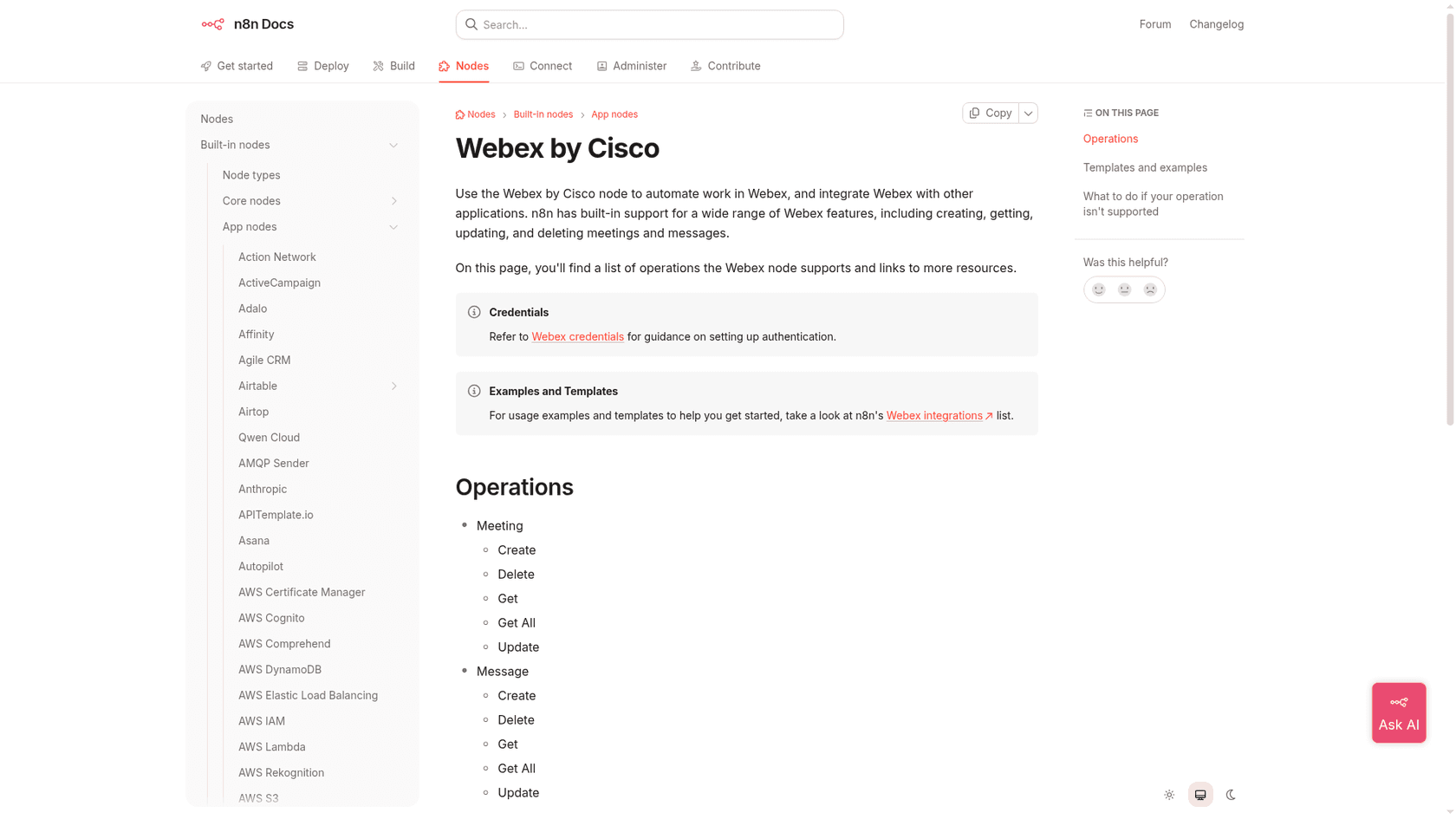 The n8n docs page for the Webex by Cisco node, listing Meeting and Message operations, as taken from the n8n docs