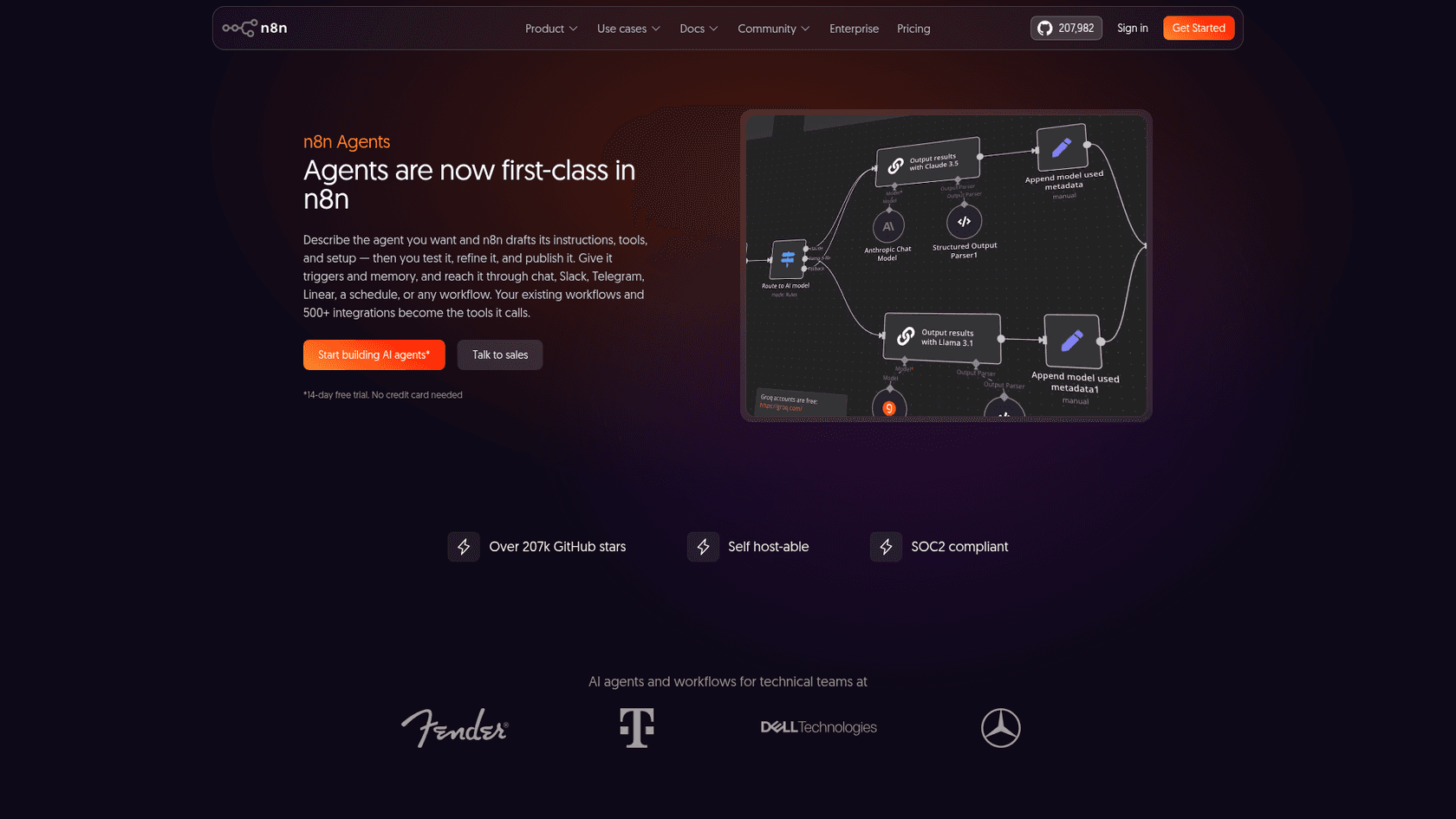 n8n's AI agents page headline reading "Agents are now first-class in n8n", with a workflow canvas preview, 207k GitHub stars and a self-host-able note, as taken from n8n