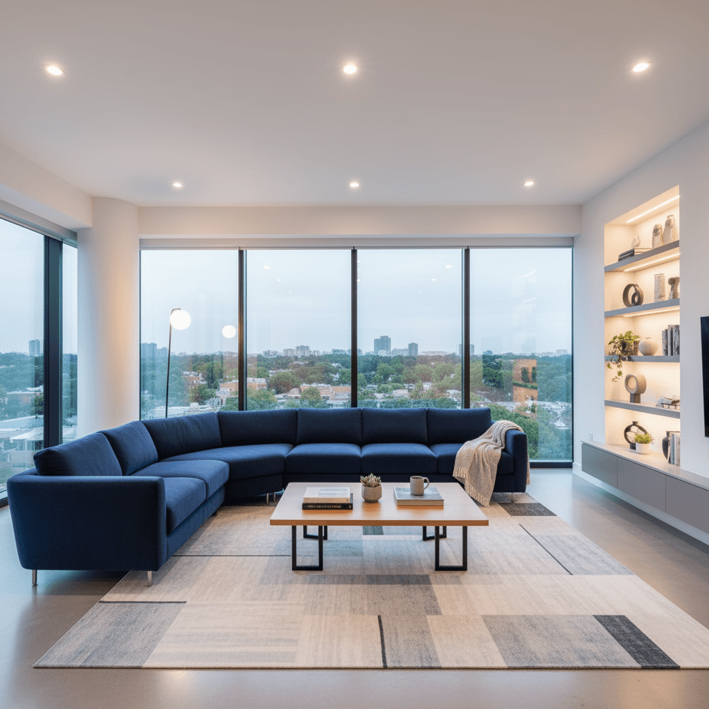 A modern living room with a blue sectional sofa, used as the input image in Google's semantic masking example, as taken from the Gemini API docs