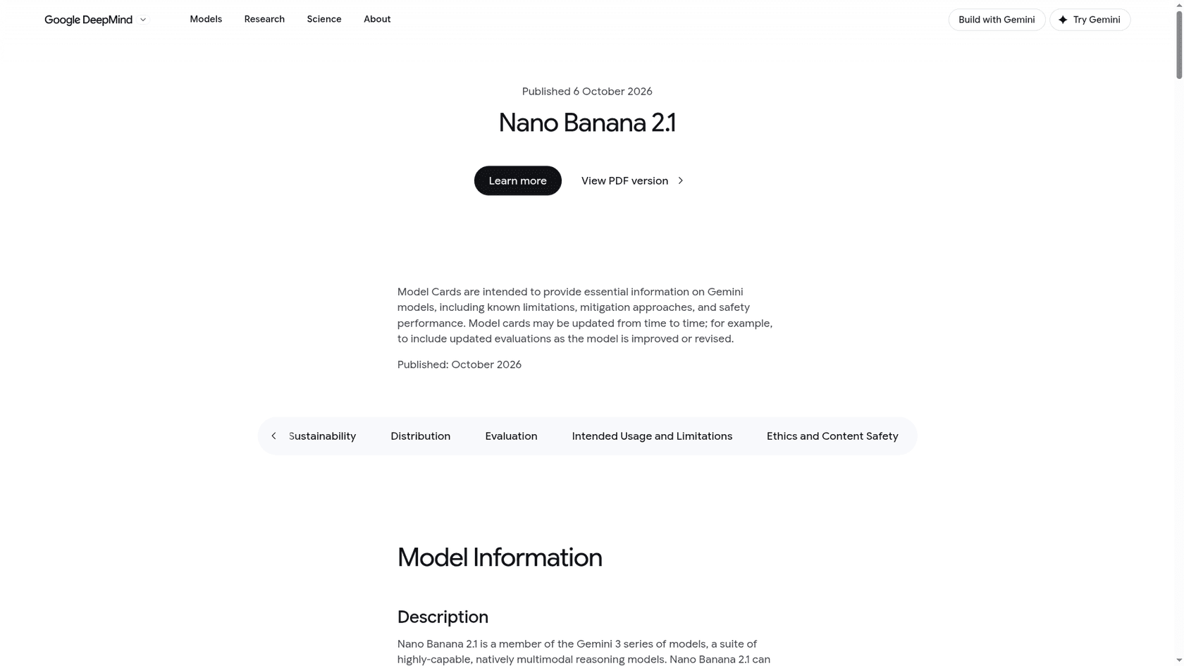 The DeepMind model card page for Nano Banana 2.1, published October 6, 2026, as taken from Google DeepMind