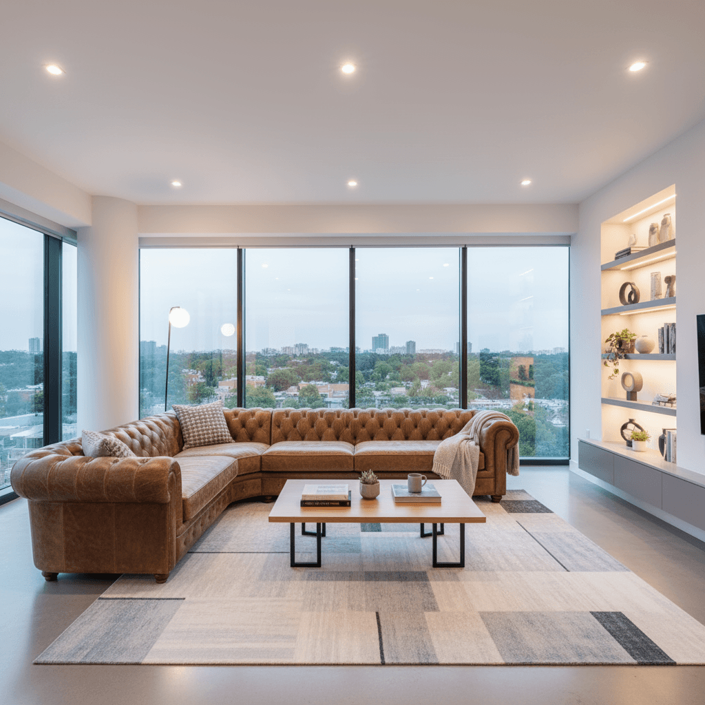 The same living room after the edit, with the blue sofa swapped for a brown leather chesterfield and everything else unchanged, as taken from the Gemini API docs