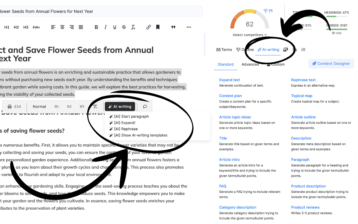NeuronWriter content editor interface showing NLP term suggestions and content scoring