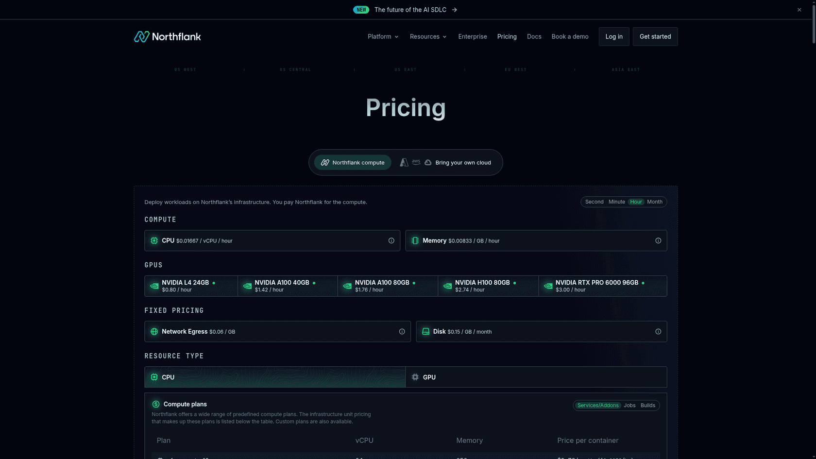 Northflank's pricing page with CPU, memory, and GPU rates and a toggle for bringing your own cloud, as taken from Northflank