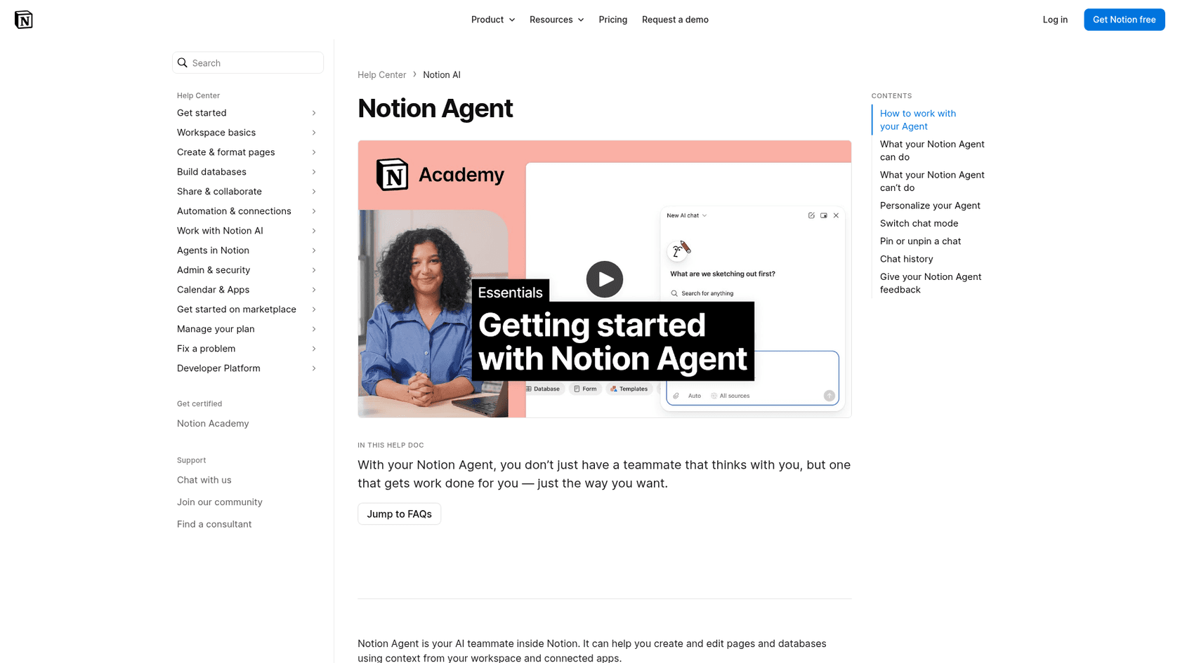 Notion's Agent help page headed "Notion Agent" with a getting-started video, as shown in Notion's help center