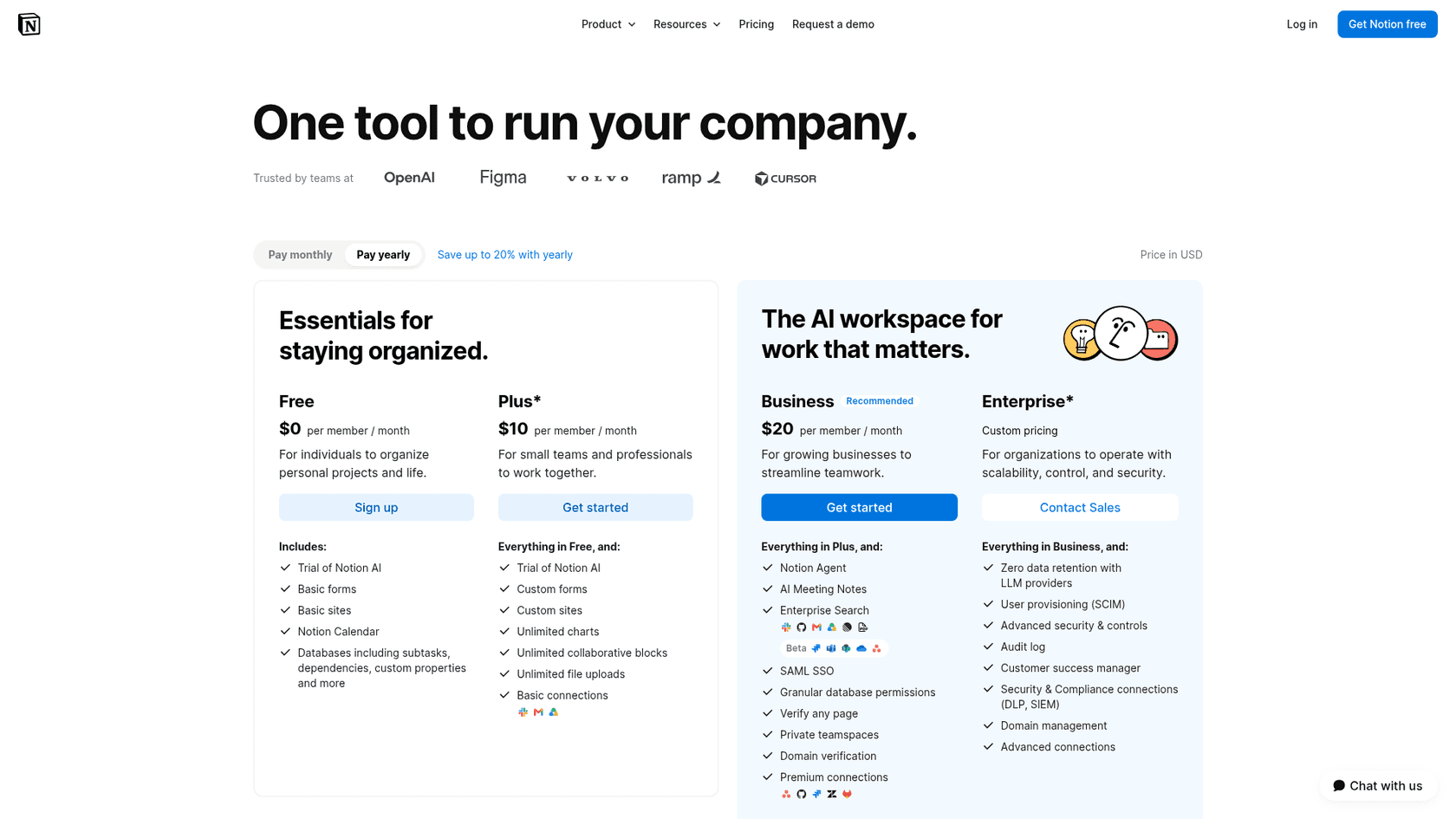 A screenshot of Notion's pricing page showing Notion AI features on the Business plan.