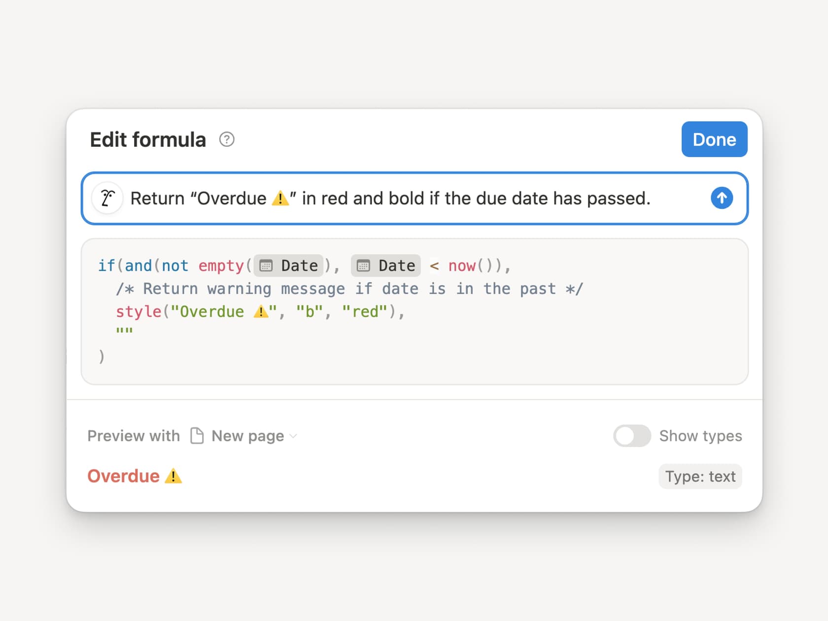 Notion AI generating complex formulas from natural language descriptions
