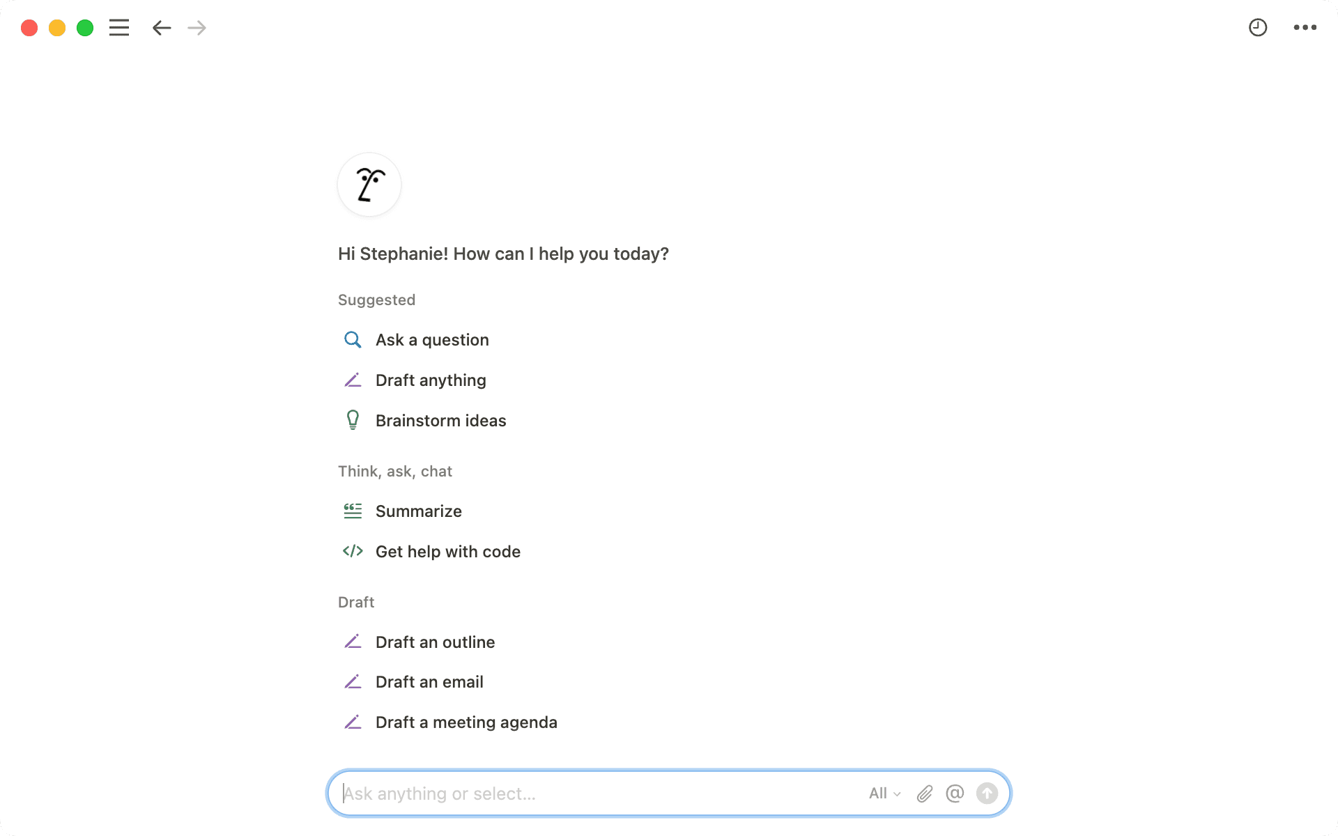 Notion AI writer view showing the AI chat interface and workspace context