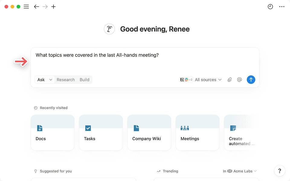 Enterprise Search interface at the top of the Notion homepage
