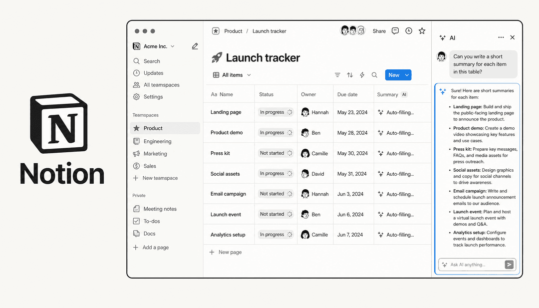 Notion AI workspace interface showing AI chat sidebar and database view on a warm off-white background