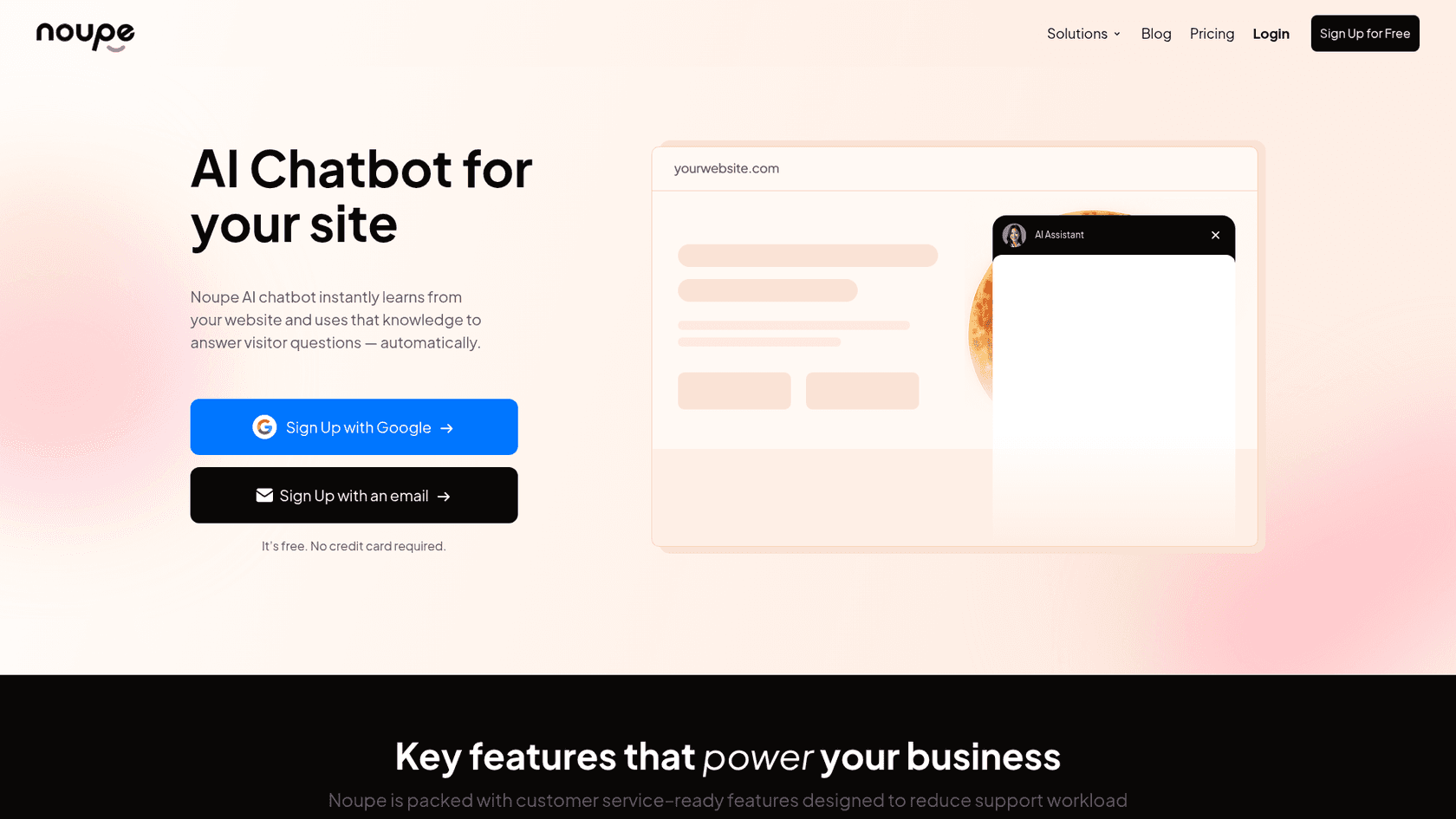 Noupe homepage showing the AI chatbot for your site, with a free sign-up, as taken from Noupe
