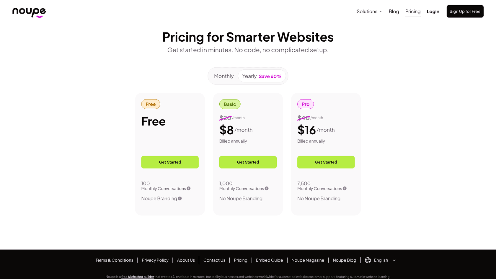 Noupe pricing page showing Free, Basic and Pro plans, as taken from Noupe