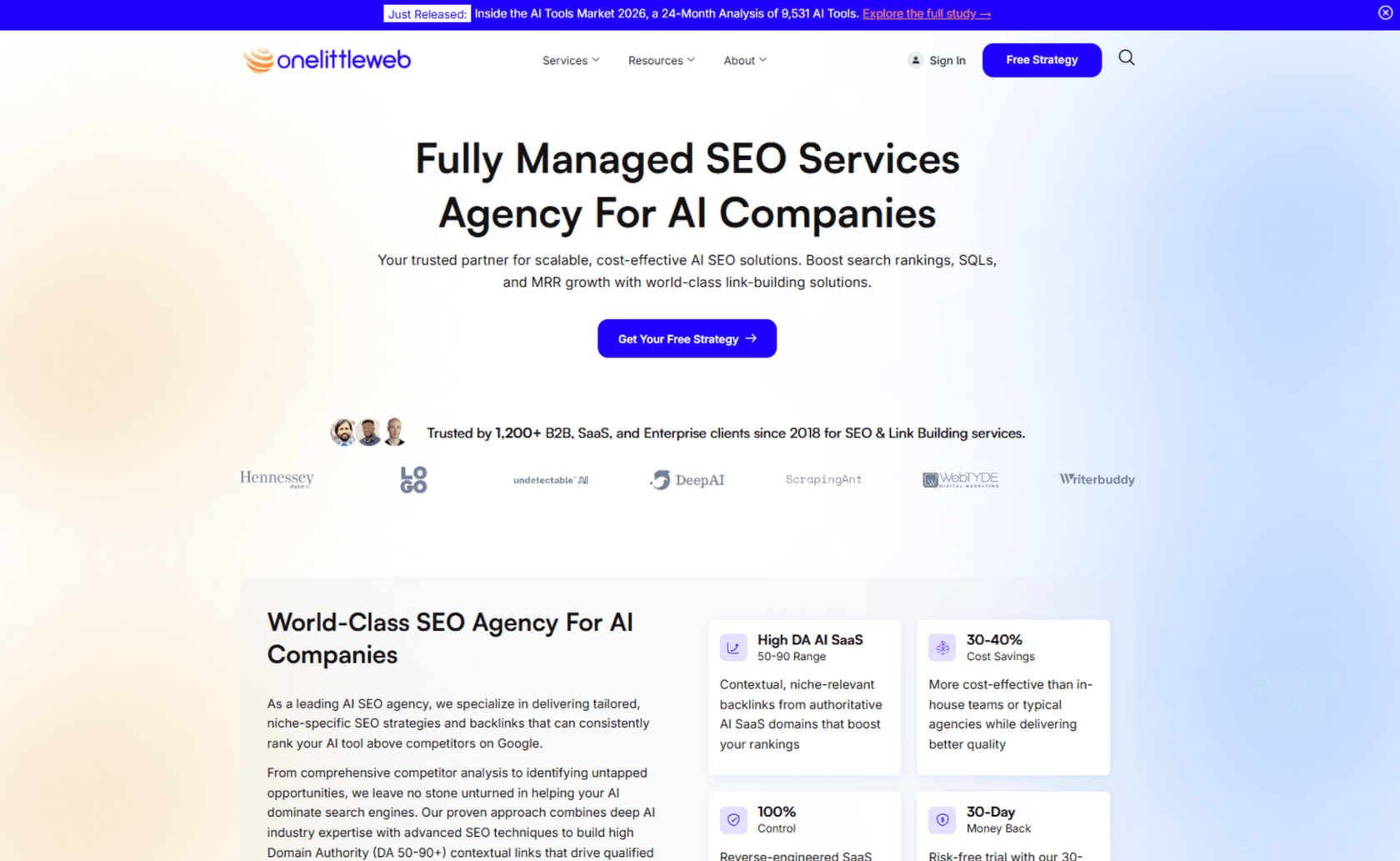 A screenshot of OneLittleWeb, an AI SEO company focused on SaaS brands.