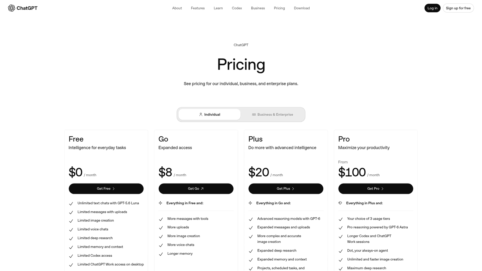 ChatGPT's individual plans on its pricing page, as taken from OpenAI's site