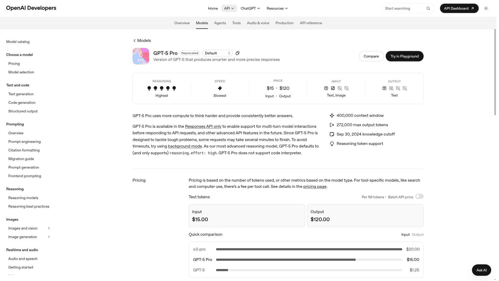 The GPT-5 Pro model page showing the Deprecated label and $15 input, $120 output pricing, as taken from OpenAI Developers