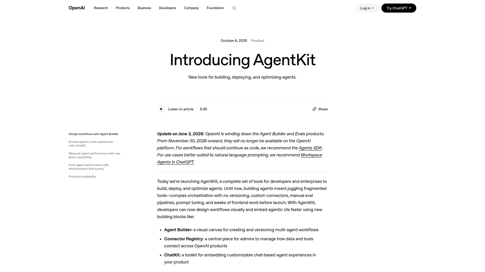 OpenAI's AgentKit announcement page with the June 3, 2026 update about winding down Agent Builder and Evals, as taken from OpenAI