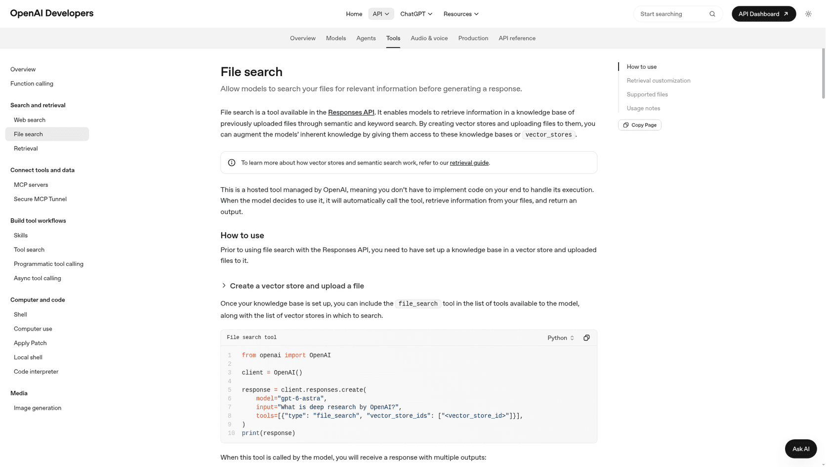 OpenAI's file search documentation page, as taken from OpenAI Developers