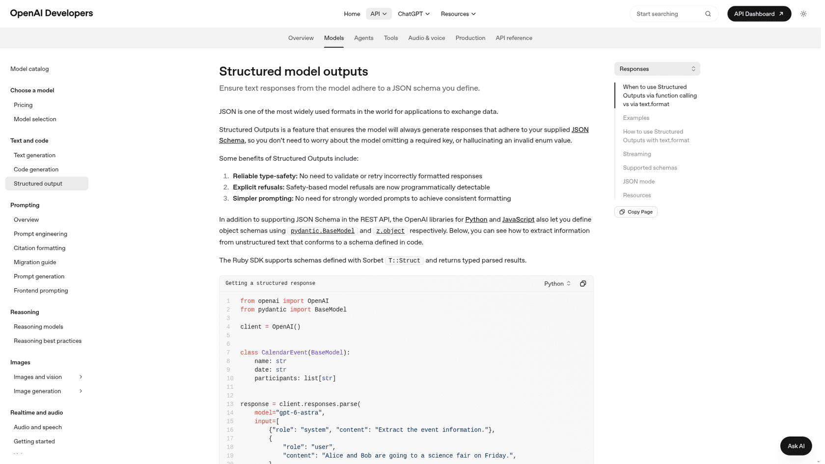 OpenAI structured model outputs documentation page, as taken from the OpenAI developer docs