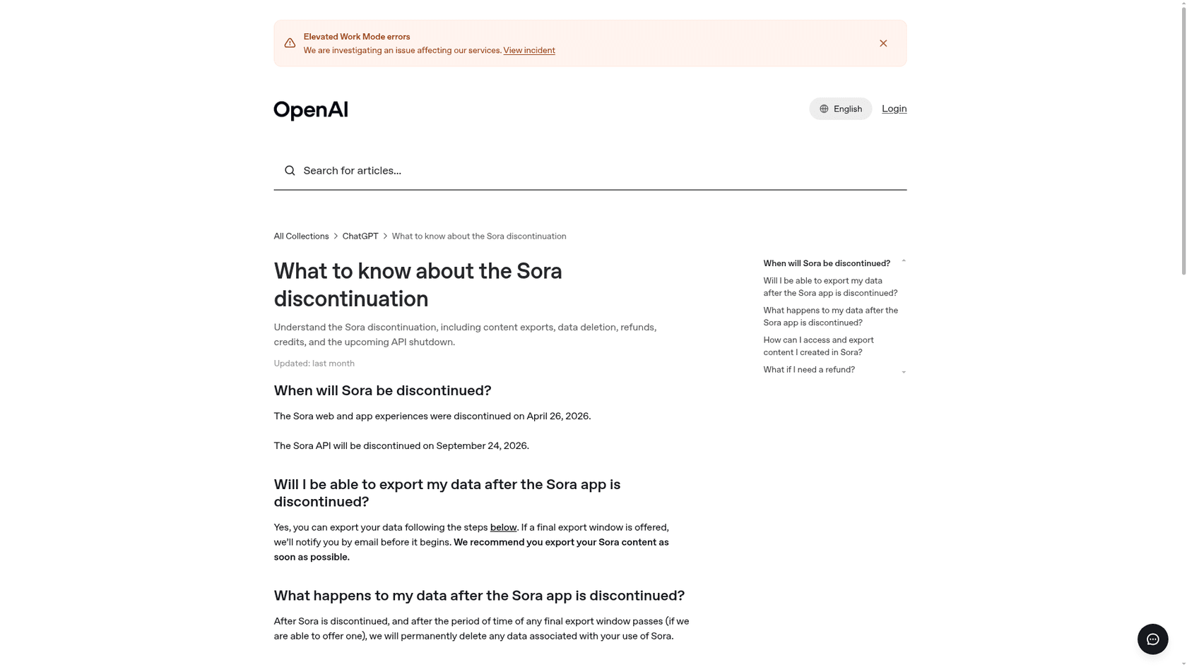 OpenAI's help center article on the Sora discontinuation, as taken from the OpenAI Help Center