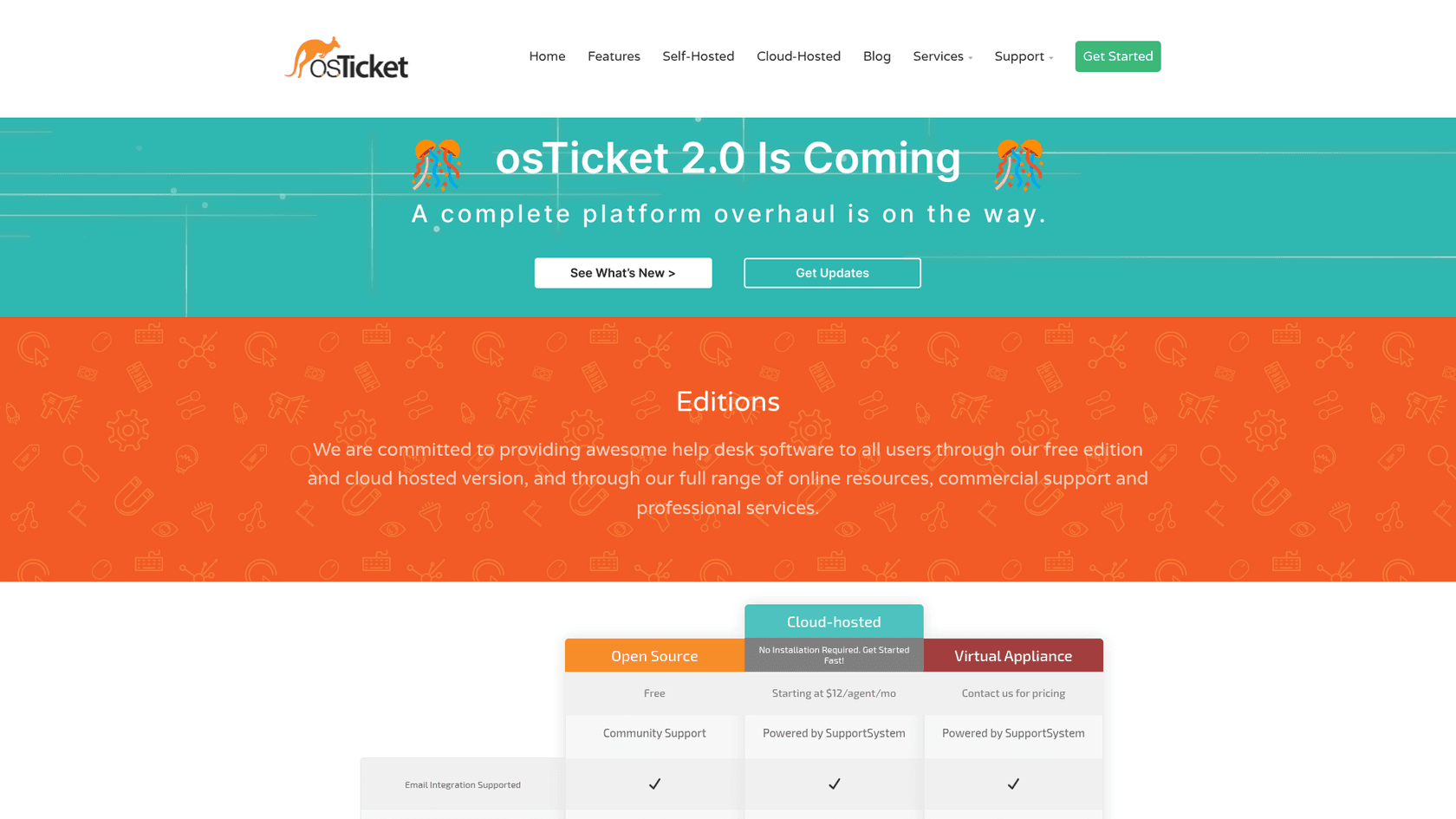 osTicket's editions page listing Open Source as free and Cloud-hosted from $12 per agent per month, as taken from osTicket