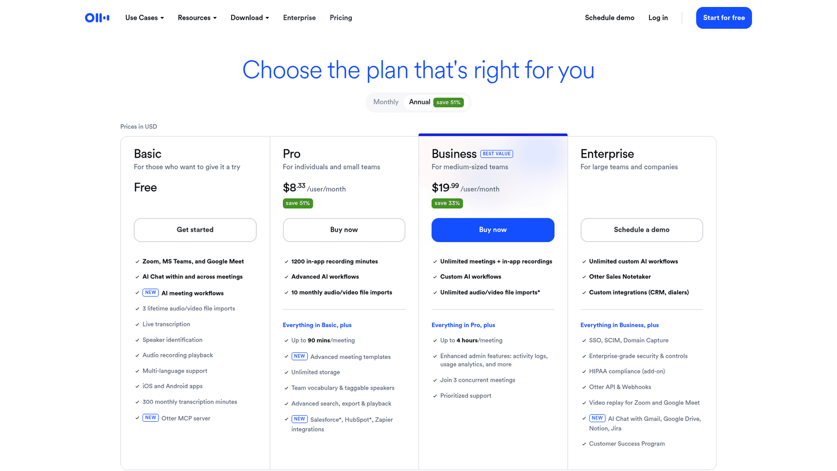 Otter.ai pricing page with Basic, Pro, Business and Enterprise plans, as taken from Otter
