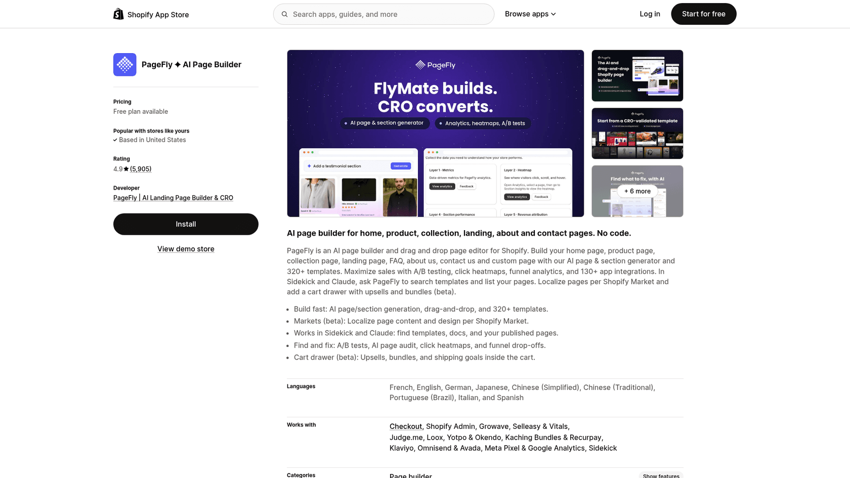 PageFly listing on the Shopify App Store with AI page builder and pricing, as shown on the Shopify App Store