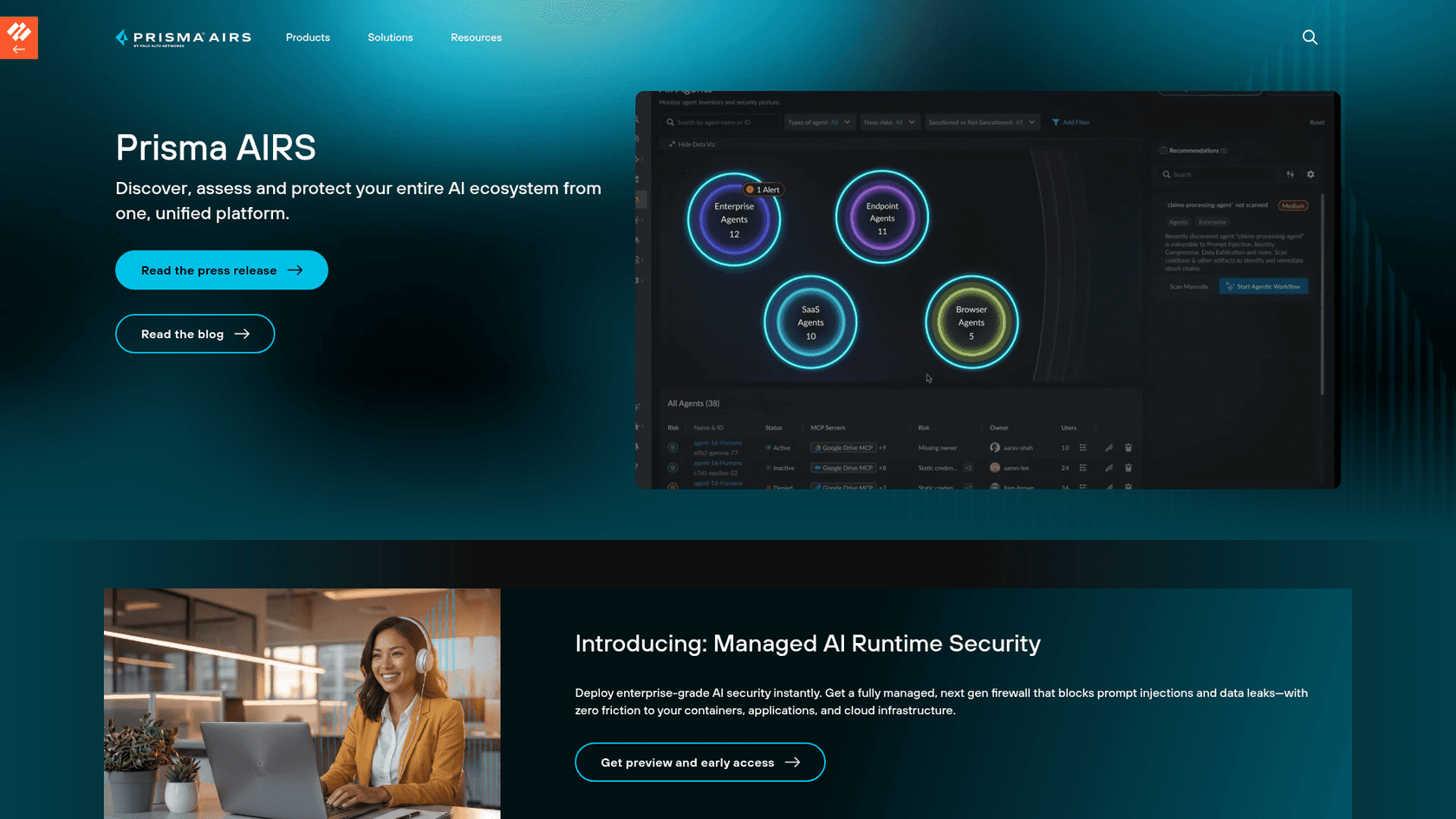 Prisma AIRS landing page showing an AI agent inventory dashboard, as taken from Palo Alto Networks