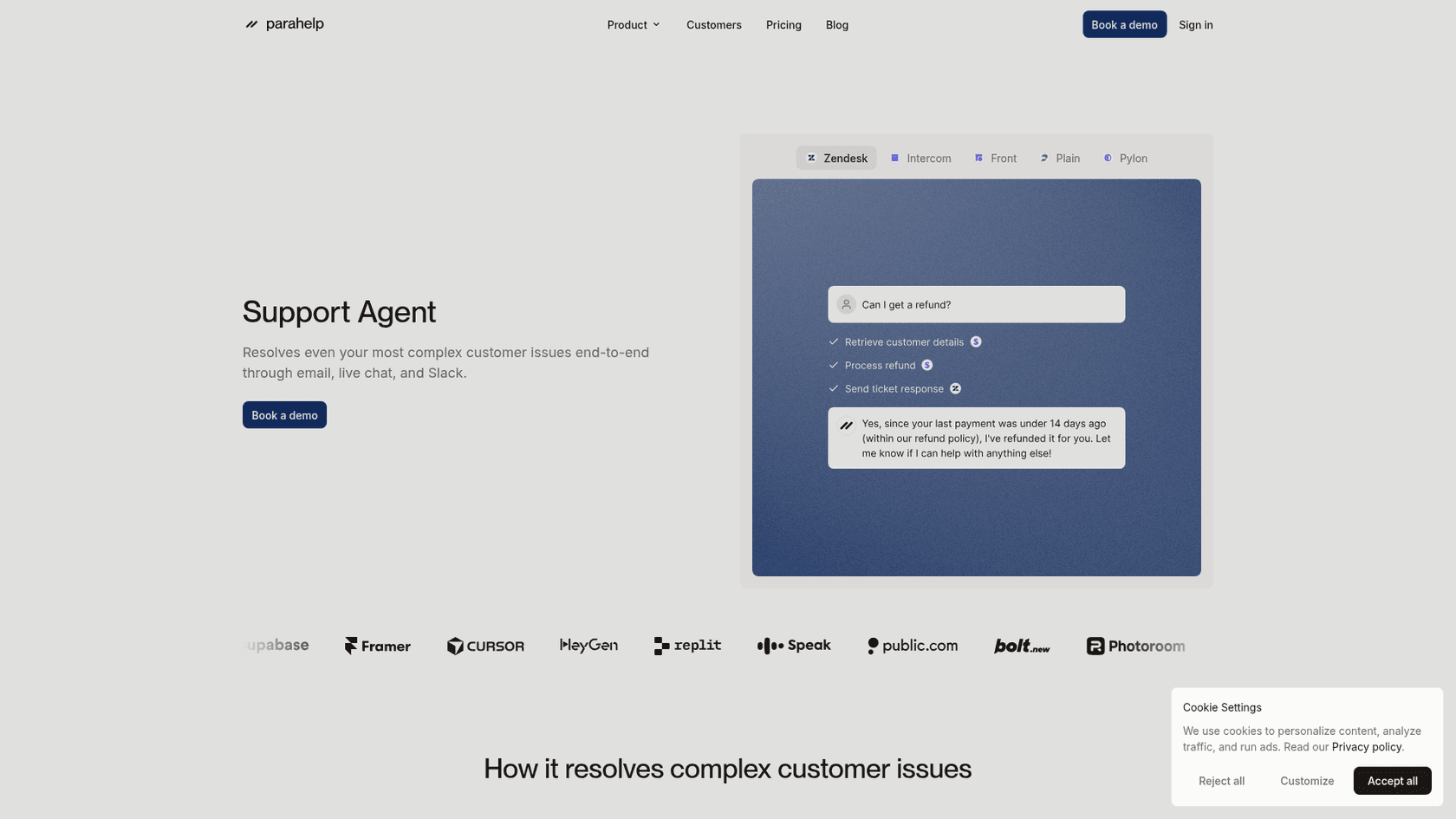 Parahelp's Support Agent page showing a refund request resolved across Zendesk, as taken from Parahelp