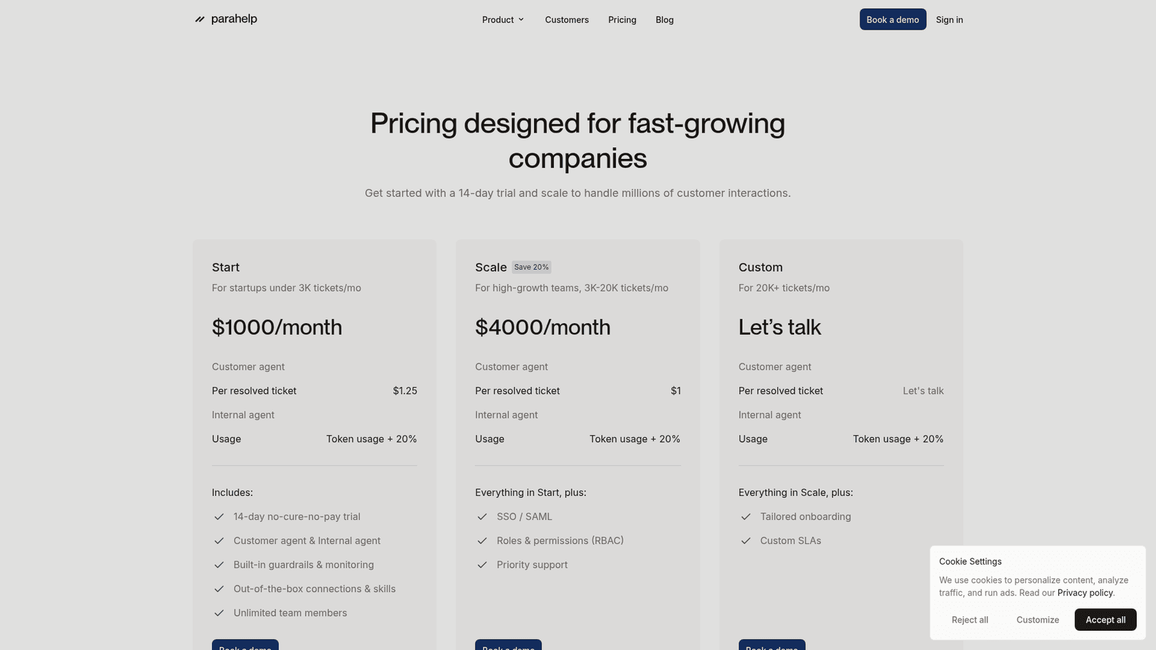 Parahelp's pricing page with the Start, Scale, and Custom plans, as taken from Parahelp