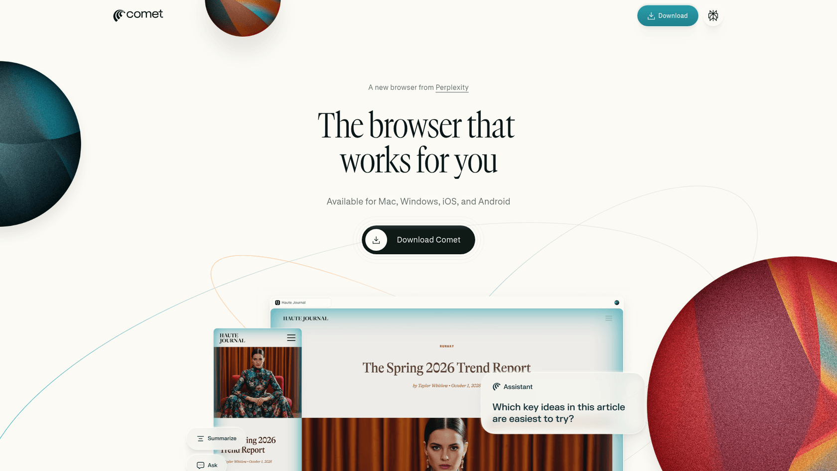 Perplexity's Comet browser landing page with the Assistant answering a question about the open article, as taken from Perplexity