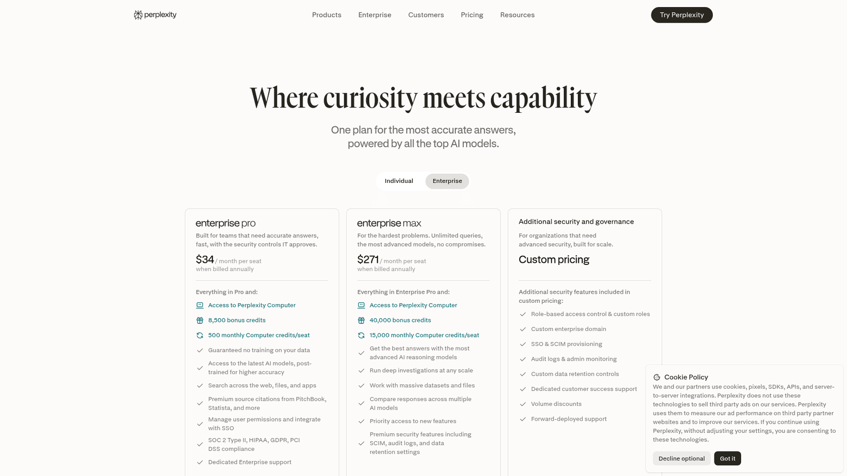 Perplexity Enterprise pricing page showing Enterprise Pro at $34 and Enterprise Max at $271 per seat, as taken from Perplexity