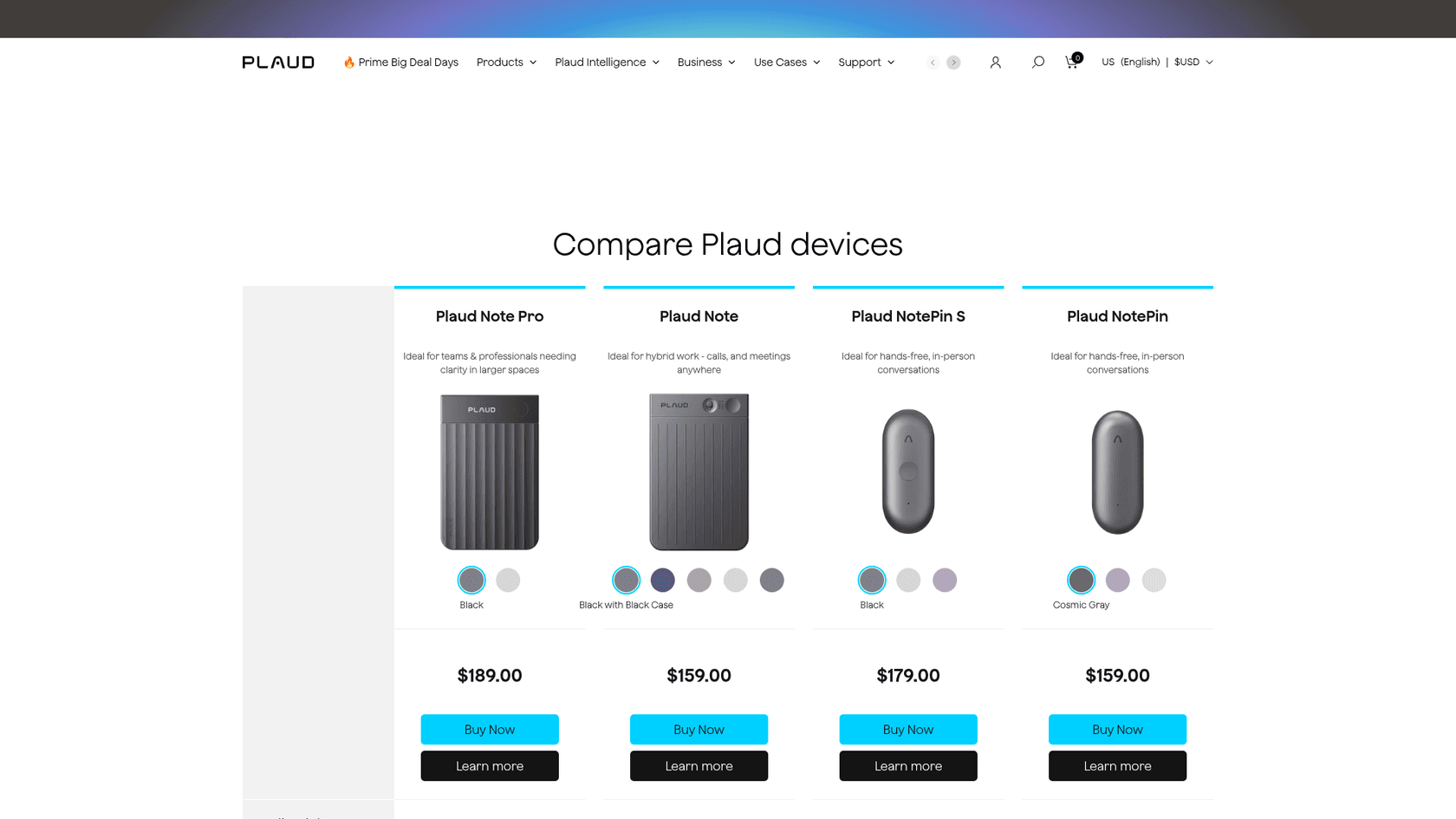 Plaud's device comparison page listing the Note Pro at $189, Note at $159, NotePin S at $179 and NotePin at $159, as taken from Plaud