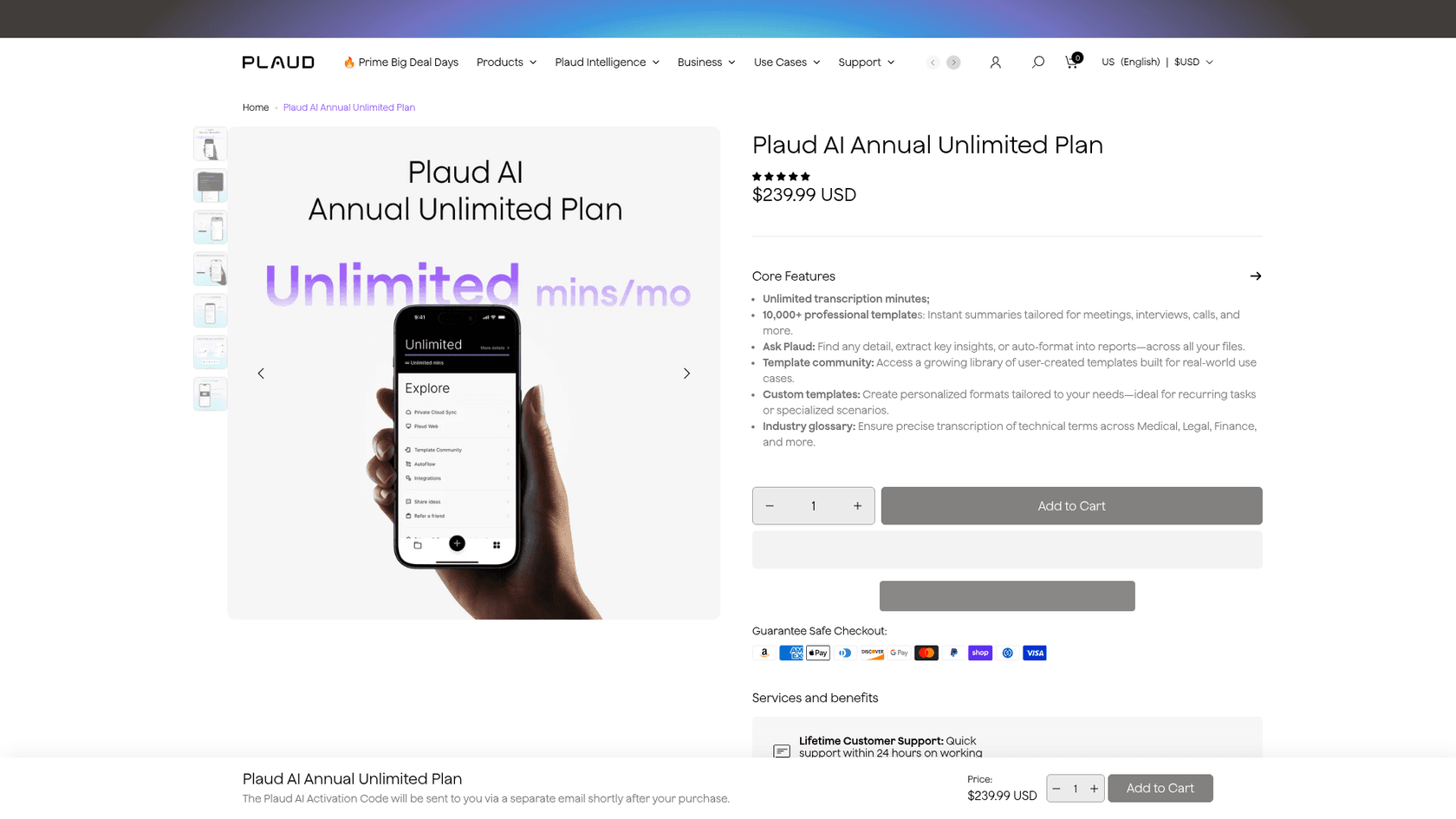 Plaud AI Annual Unlimited Plan product page showing the $239.99 price and plan features, as taken from Plaud
