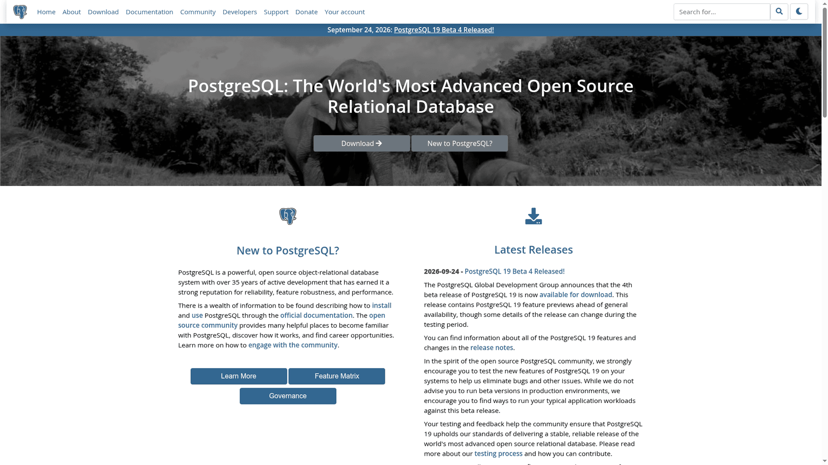 PostgreSQL project homepage, as taken from the vendor