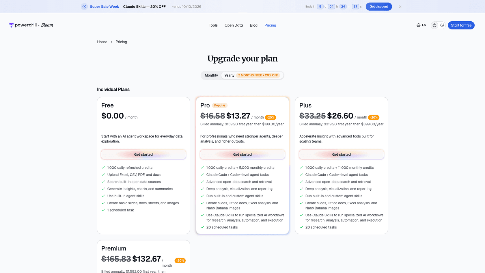 Powerdrill pricing page with the Free, Pro, Plus, and Premium plans, as taken from Powerdrill