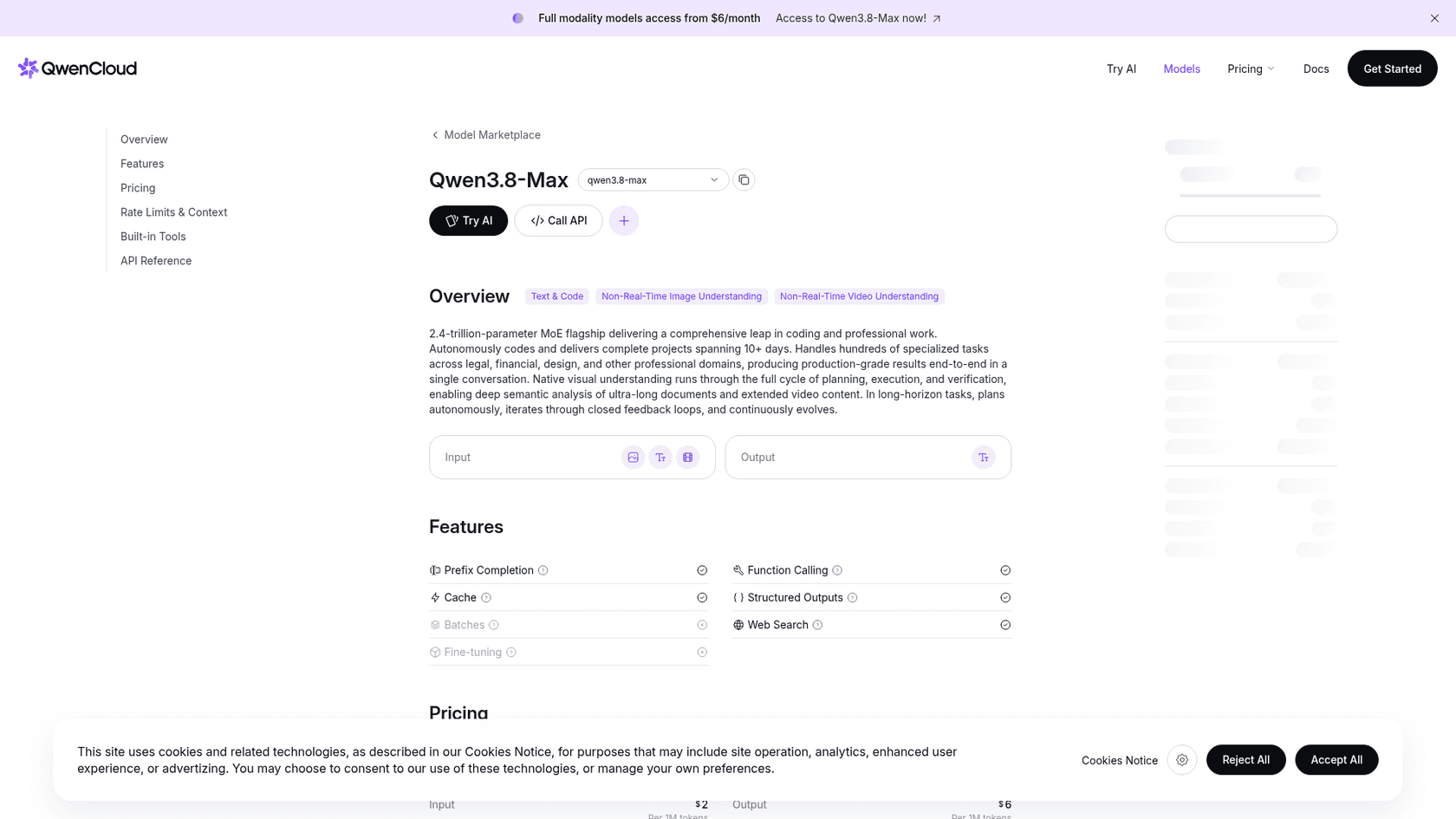 The Qwen3.8-Max model page on QwenCloud, showing the 2.4-trillion-parameter MoE description and image, text and video input, as taken from the QwenCloud model page
