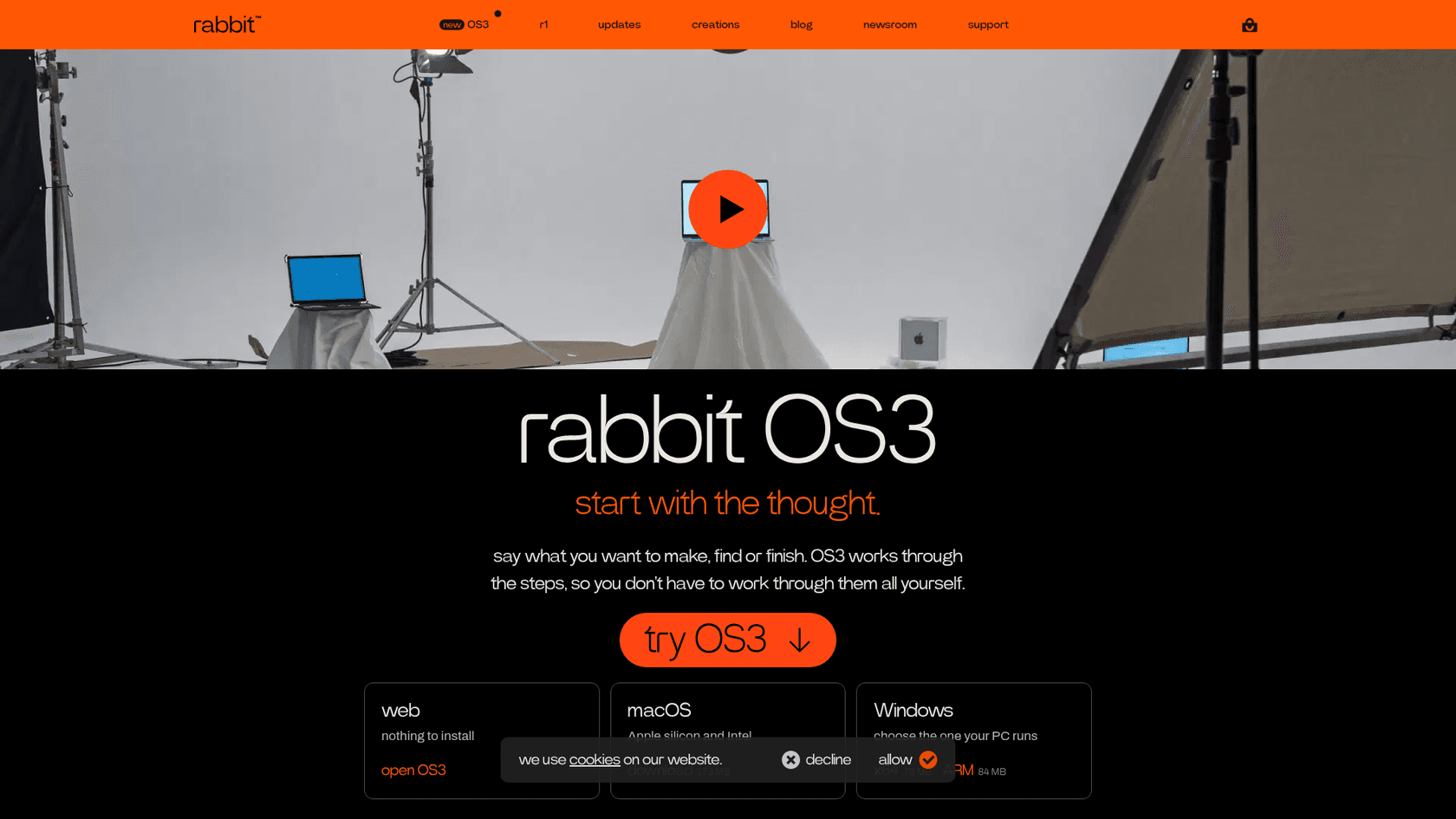 The rabbit OS3 landing page, showing the web, macOS and Windows options, as taken from rabbit.tech