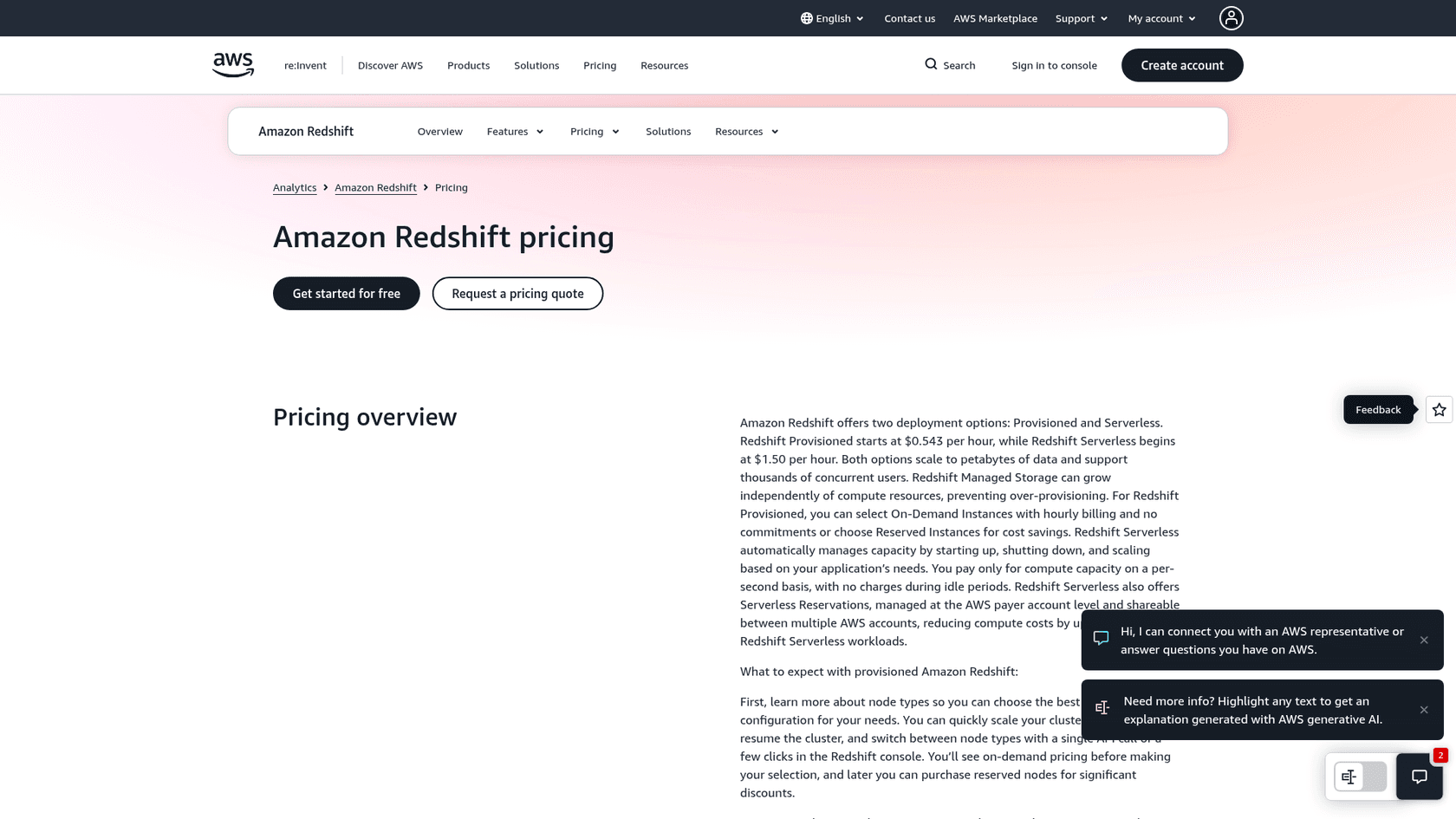 Amazon Redshift pricing overview for provisioned and serverless options, as taken from the vendor
