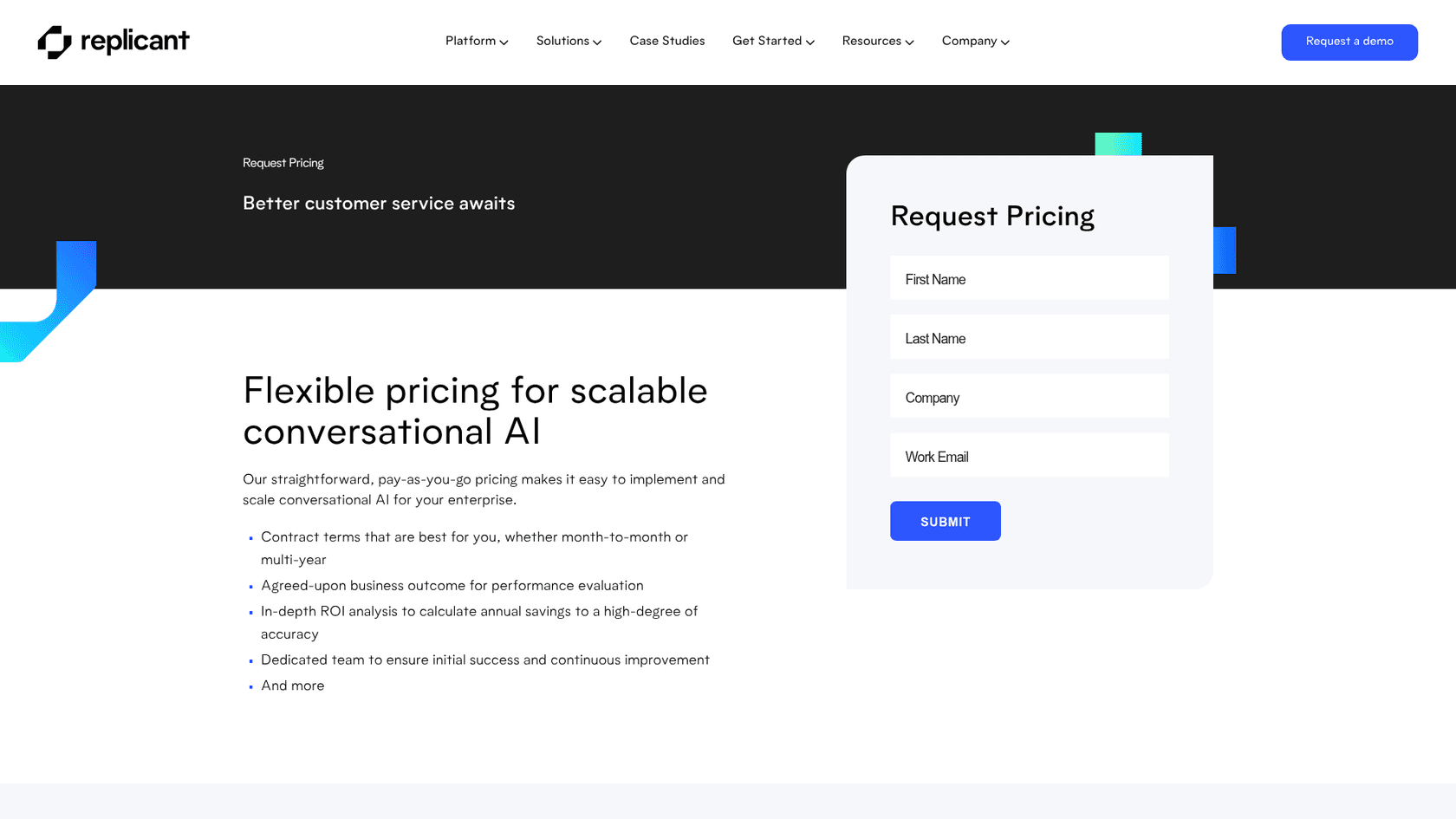 Replicant pricing page with a Request Pricing form, as taken from Replicant