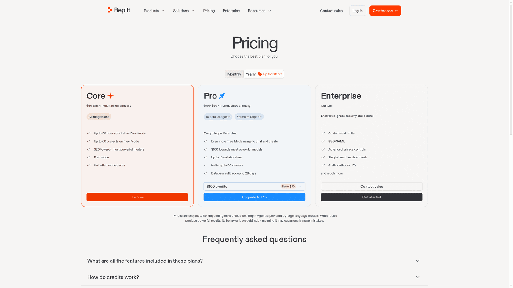 Replit's pricing page showing the Core, Pro, and Enterprise plans, as seen on Replit